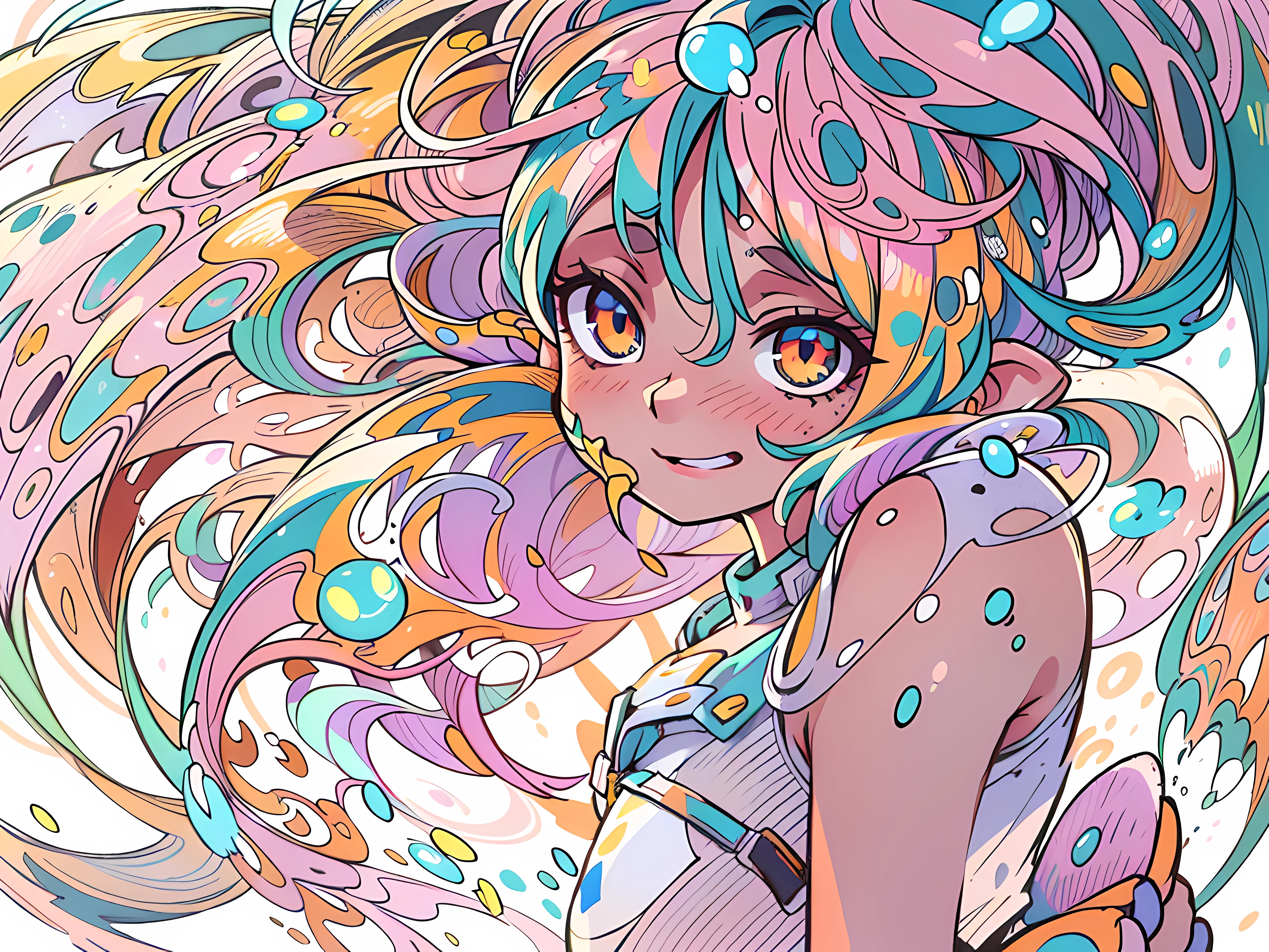 (((Masterpiece))),(((Best quality))),((Ultra-detailed)),(illustration),(Dynamic Angle), ((Floating)),(Paint),((Disheveled hair)), (Solo),(1girll), ((big_Breasts)), (((Detailed anima face))),((Beautiful detailed face)),Collar,Bare shoulders,  random hair, ((Colorful hair)),((Striped hair)), Beautiful detailed eyes,(Gradient color eyes),(((Colorful eyes))), (((Colorful background))),(((High saturation))),(((Surrounded by colorful splashes))),(((surrounded by colorful dot))),colorful bubble,((Shining))