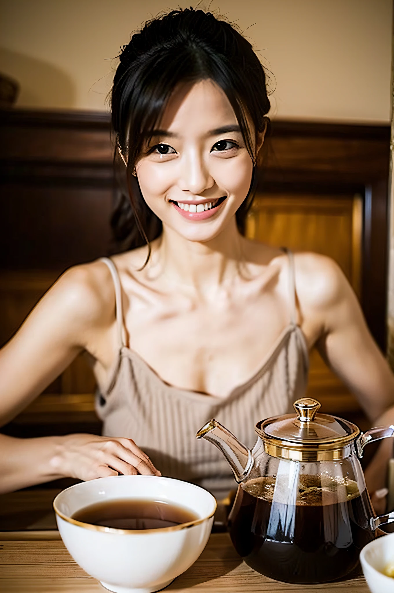 Smiling and drinking tea