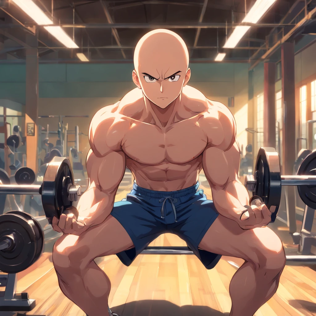 Saitama ((careca)), Um homem de soco, masculino, Working out intensely in a bodybuilding gym, Well-defined and detailed muscles,
