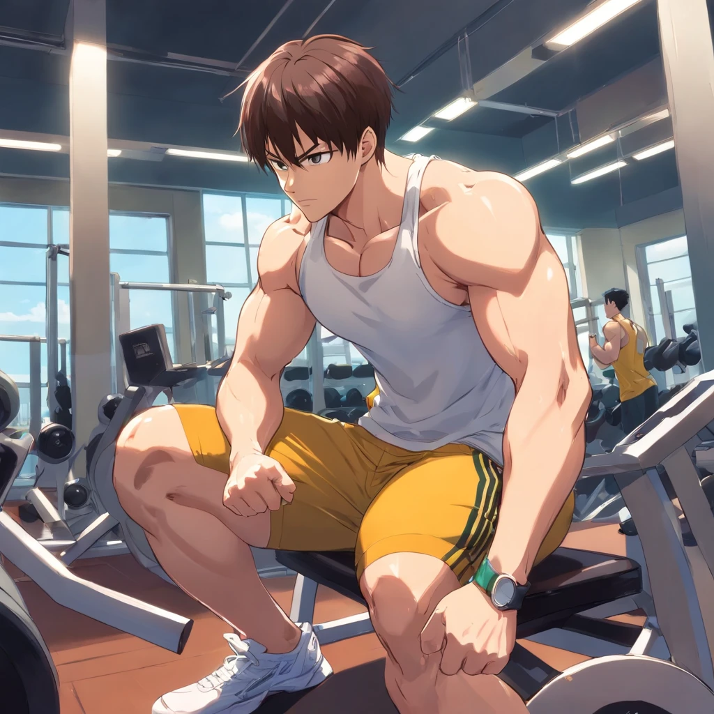 Saitama ((careca)), Um homem de soco, masculino, Working out intensely in a bodybuilding gym, Well-defined and detailed muscles,
