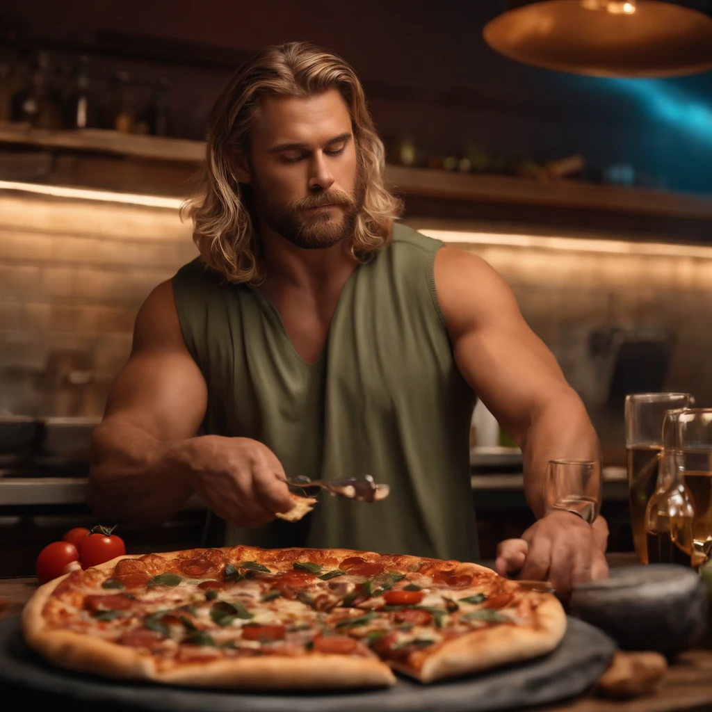 Muy gordo Thor come pizza grande, Detalles altos, ultra foto realsisim, realista, 8k