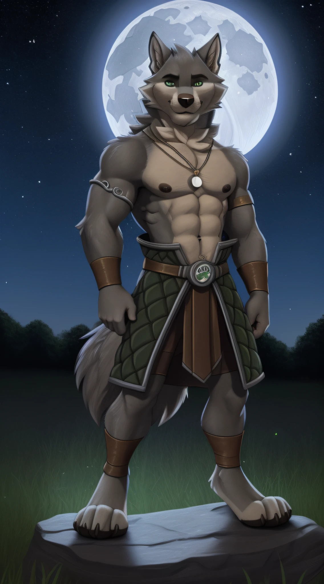 ranok, green eyes, bara, smile, wolf tail,  (pose:1.3), (posing:1.3), (soft shading), 4k, hi res, five fingers, detailed hands, ((detailed face, (detailed eyes:1.0), detailed)), (full body), by zackarry911, by zaush, (by personalami:0.5) solo, 1boy, jewelry, full body, male focus, outdoors, sky, signature, necklace, night, abs, moon, squatting, star (sky), night sky, full moon, starry sky, wolf