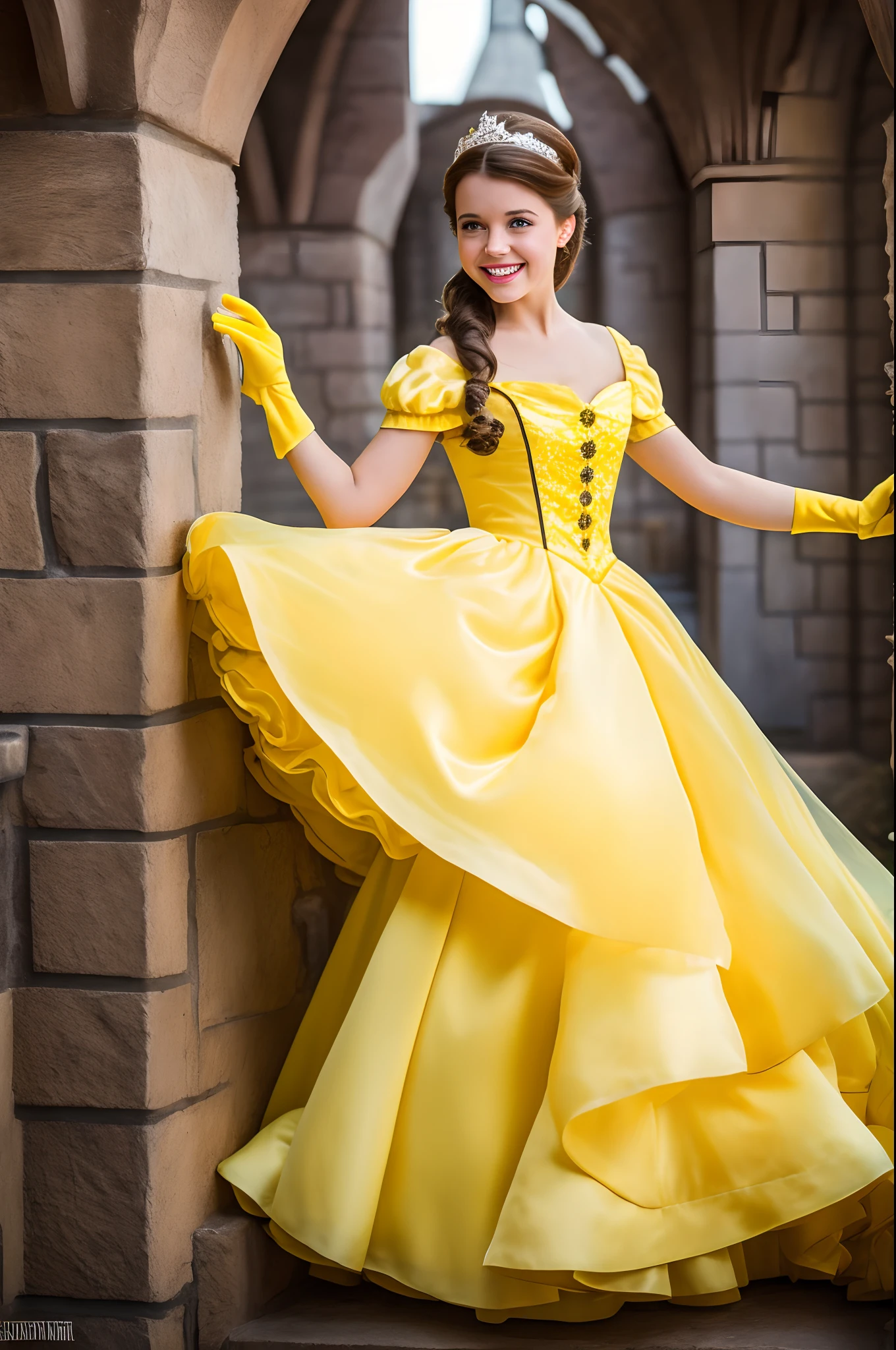 best quality, photo, highres, disney princess, belle(Beauty and the Beast),yellow dress, yellow Elbow-length gloves, smile, brown hair,