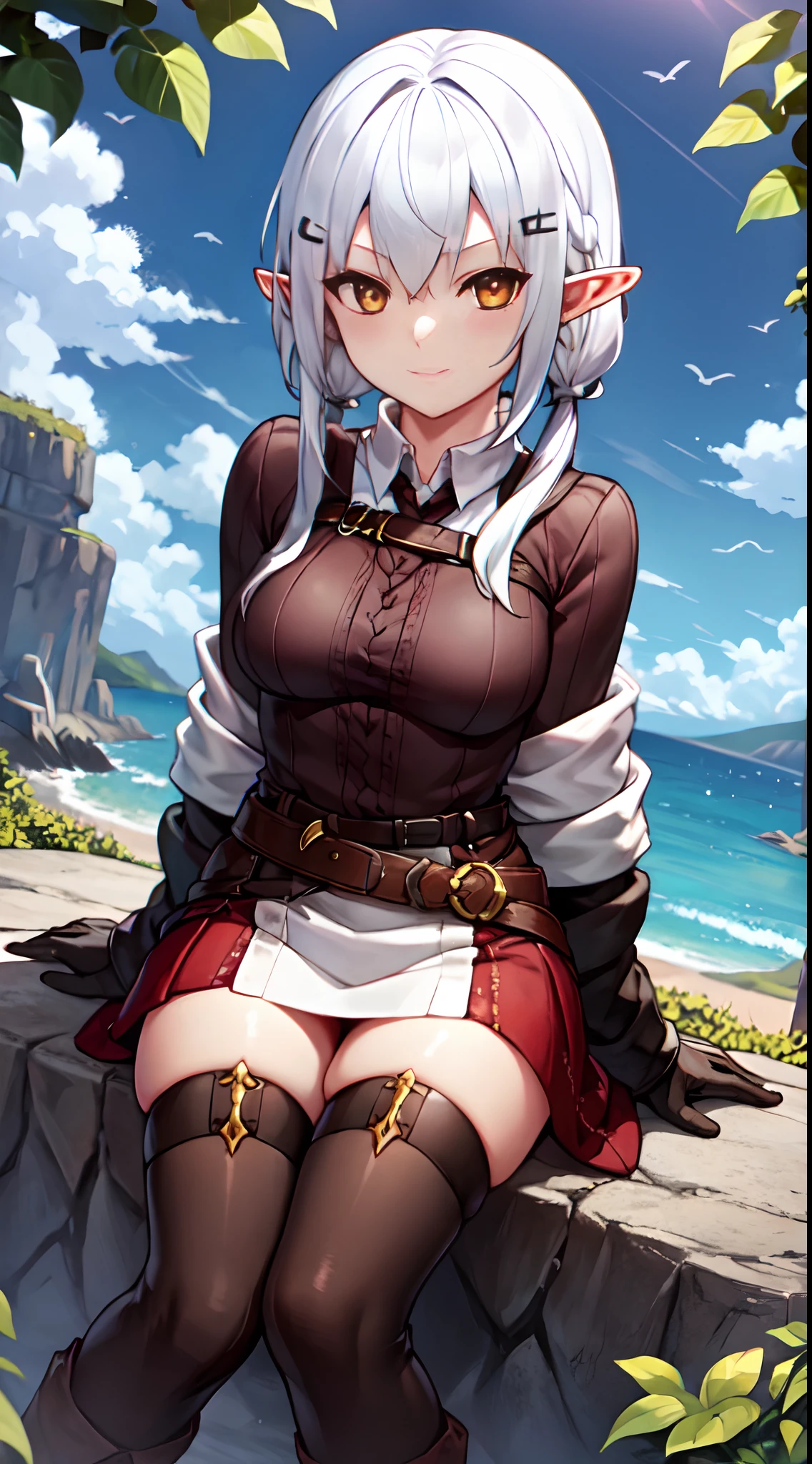 one girl, white hair, yellow eye, elf, medium breast, long twintail hairstyle, adventure theme, sit on the rock