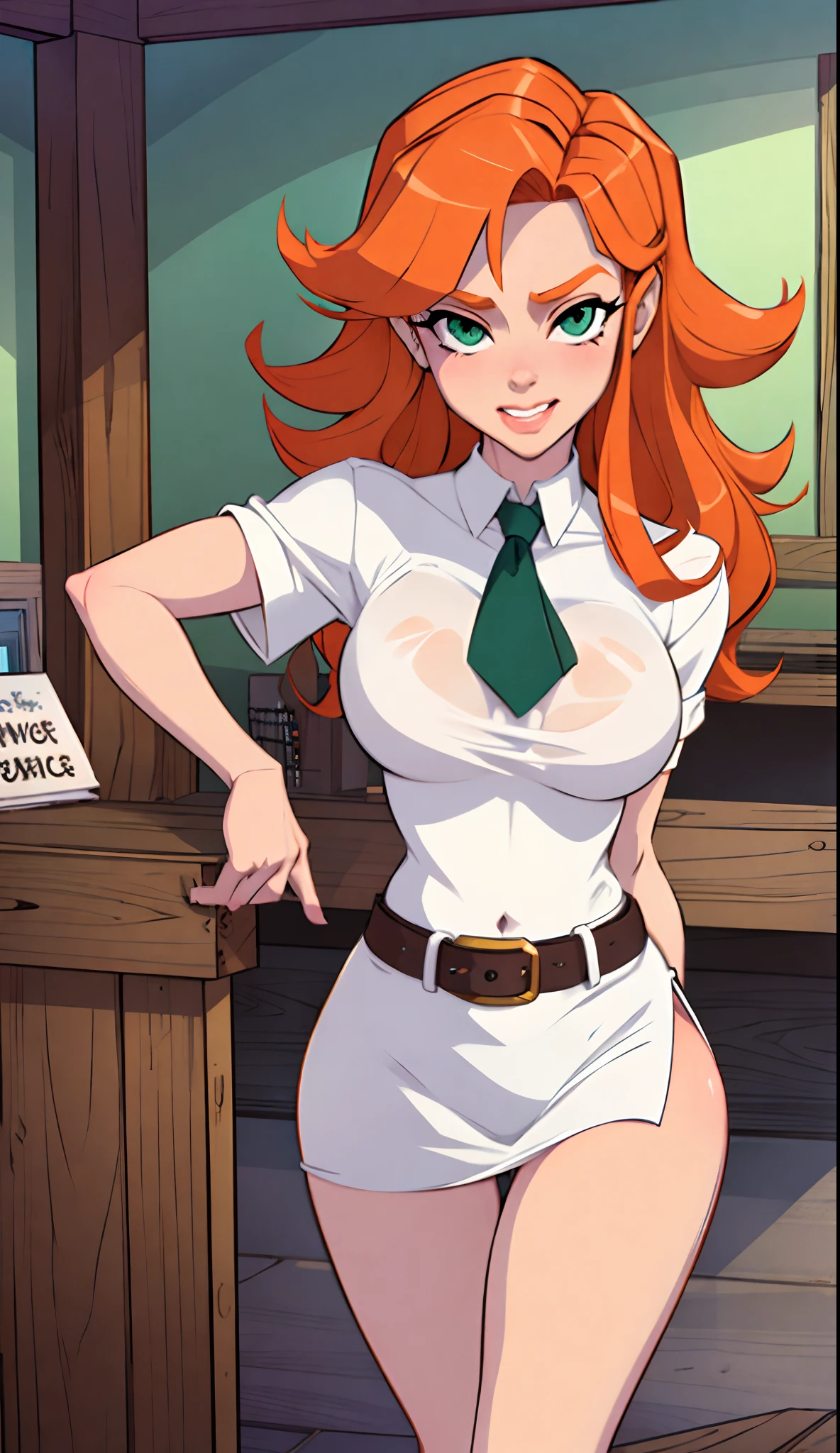 1girl, Best quality, masterpiece, cowboy shot, orange hair, green eyes, tight cloth, office clothes, office, white clothes, wet, bending over