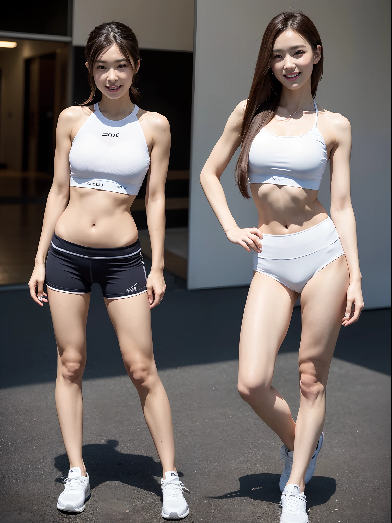 (Photorealsitic)Beautuful Women, (8K Beauty Full Body Portrait), Stand alone, Perfect facial detail, attractive beautiful face, 二重まぶた, Beautiful detailed eyes, long eyeslashes, (Smile: 1.15), ligh brown hair, Hair that does not fall on the shoulders, TOKYOcty, ,1 female, Toned waist, Beautiful thin legs, Sportswear
