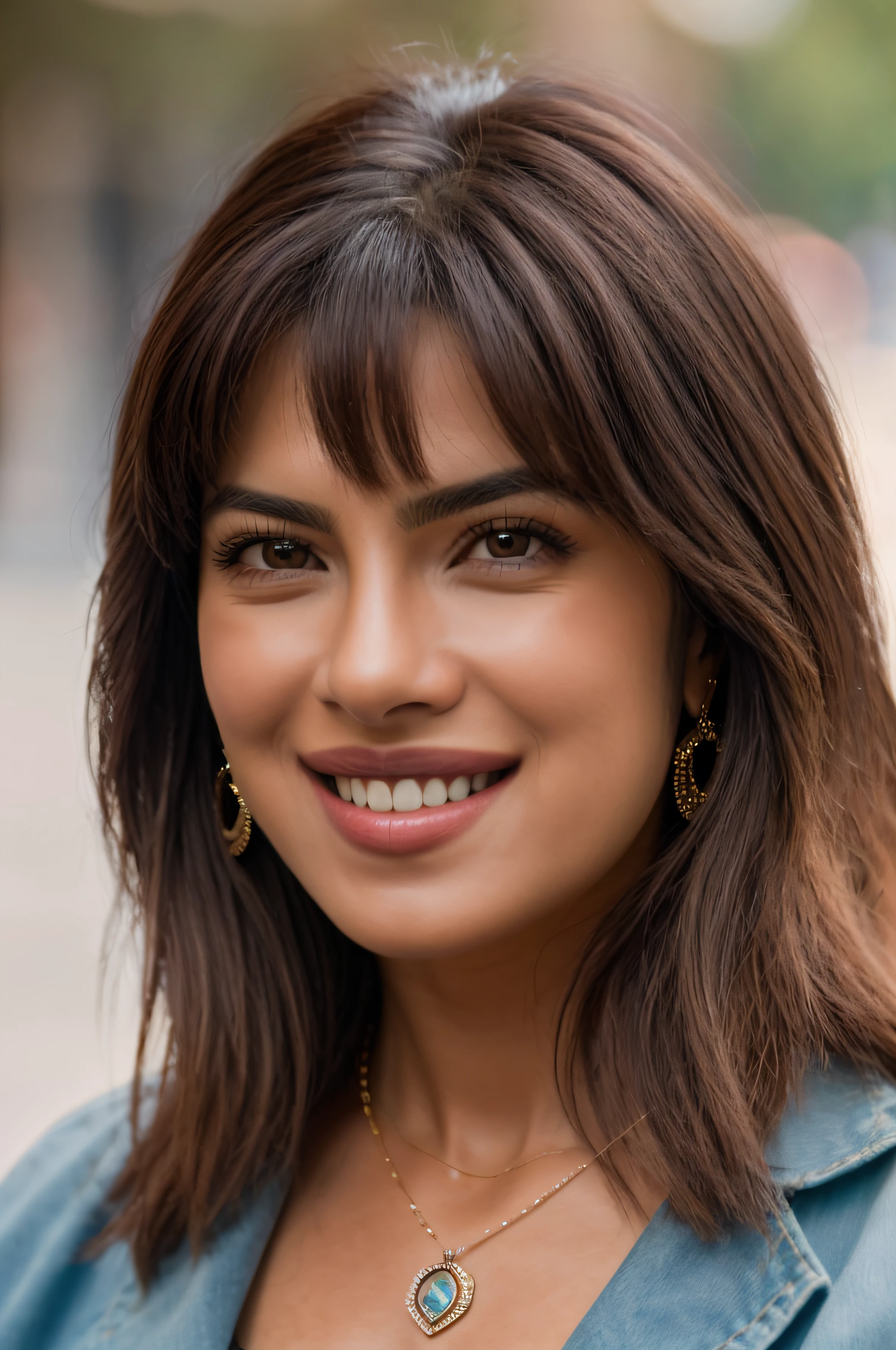 Realistic photo of a beautiful priy4nk4 woman, 1girl, solo, long hair, looking at viewer, smile, brown hair, brown eyes, jewelry, upper body, earrings, teeth, necklace, grin, blurry, lips, blurry background, realistic, soft lighting, professional Photography, Photorealistic, detailed, RAW, analog, sharp focus, 8k, HD, DSLR, high quality, Fujifilm XT3, film grain, award winning, masterpiece