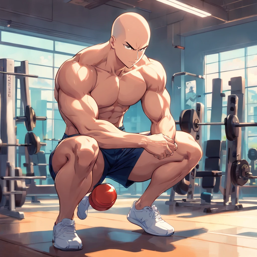 Saitama ((careca)), Um homem de soco, masculino, Working out intensely in a bodybuilding gym, Well-defined and detailed muscles,