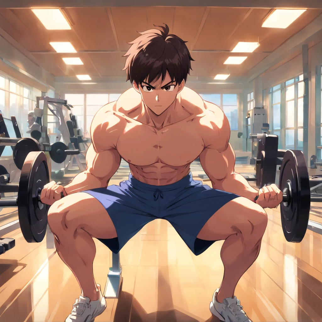Saitama ((careca)), Um homem de soco, masculino, Working out intensely in a bodybuilding gym, Well-defined and detailed muscles,