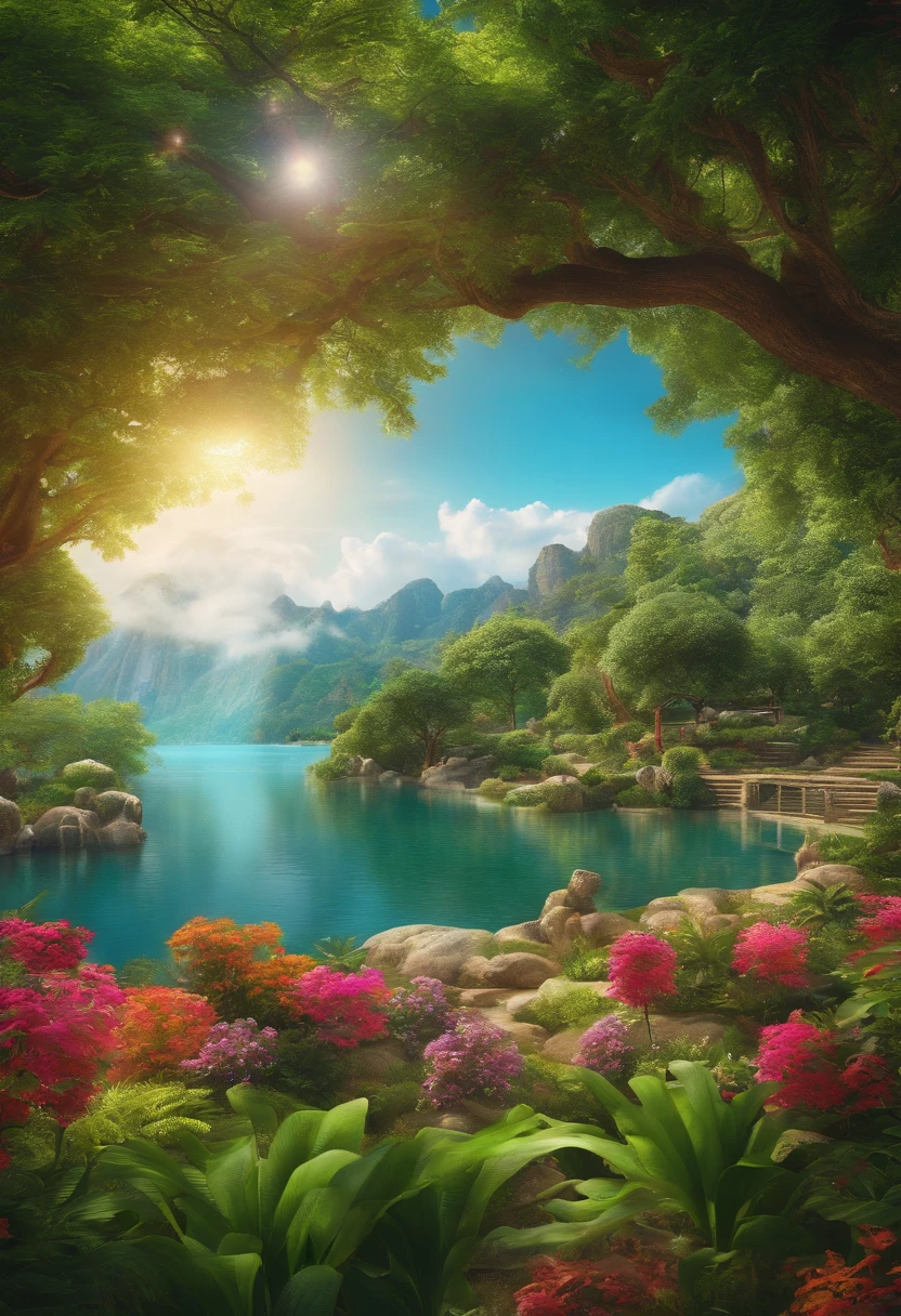 Visual representation of a heavenly paradise, with lush gardens and an atmosphere of eternal harmony, 8k