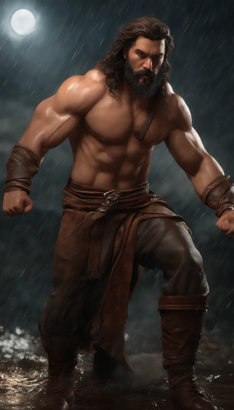 (Professional 3D rendering:1.3) de (realista:1.3) A foto de arte mais bonita do mundo,It features soft, bright male heroes in awe, ((Epic hero muscular fantasy rough man wet hero angry look long hair short beard and fierce expression in dynamic pose, fantastic location, Majestic and messy environment)), Unity 8k full-body rendering, action shot, poros da pele, very dark lighting, Sombreamento pesado, detalhado, Face detalhada do espanto, (Vibrando, Realistic photography, realista, Dramatic, Escuro, foco nítido, 8k), (Old leather clothes damaged by bad weather:1.4),, (intrincado:1.4), decadente, (altamente detalhado:1.4), Pintura digital, Renderizado por Octane, art stations, Conceito-Arte, liso, foco nítido, 插圖, Arte Germinal, (Loish:0.23), Wlop Ilya Kuvshinov, e Greg Rutkowski e Alphonse Muito obrigado, (global ilumination, studiolight, light volumetric), chuvas fortes, floating particles, patife, fantasia, Uma vez, corpo inteirobian, ((Fundo escuro e antigo da cidade:1.3)),CGSesociedade,art stations, Leve apenas o rosto