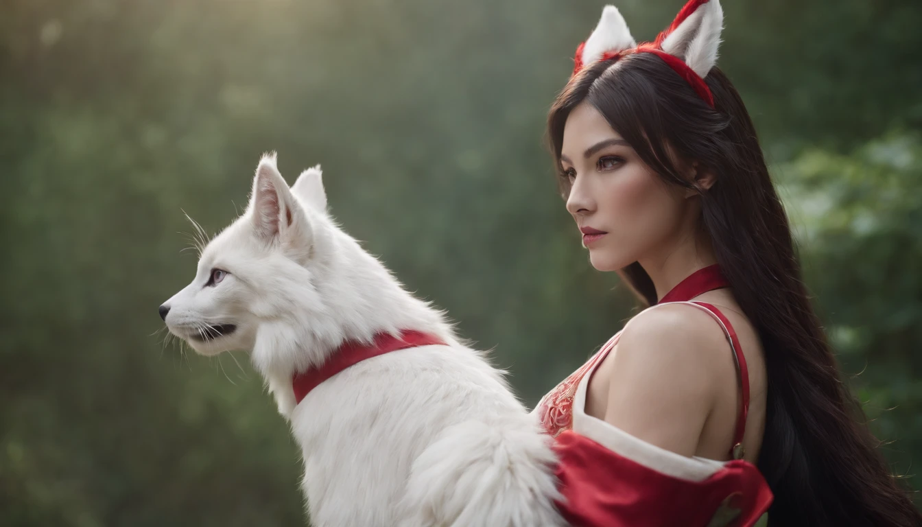 Ahri de League Of legends, cabelos pretos e longos, nine white tails at the height of the tailbone, orelhas de raposa, roupa de samurai vermelha