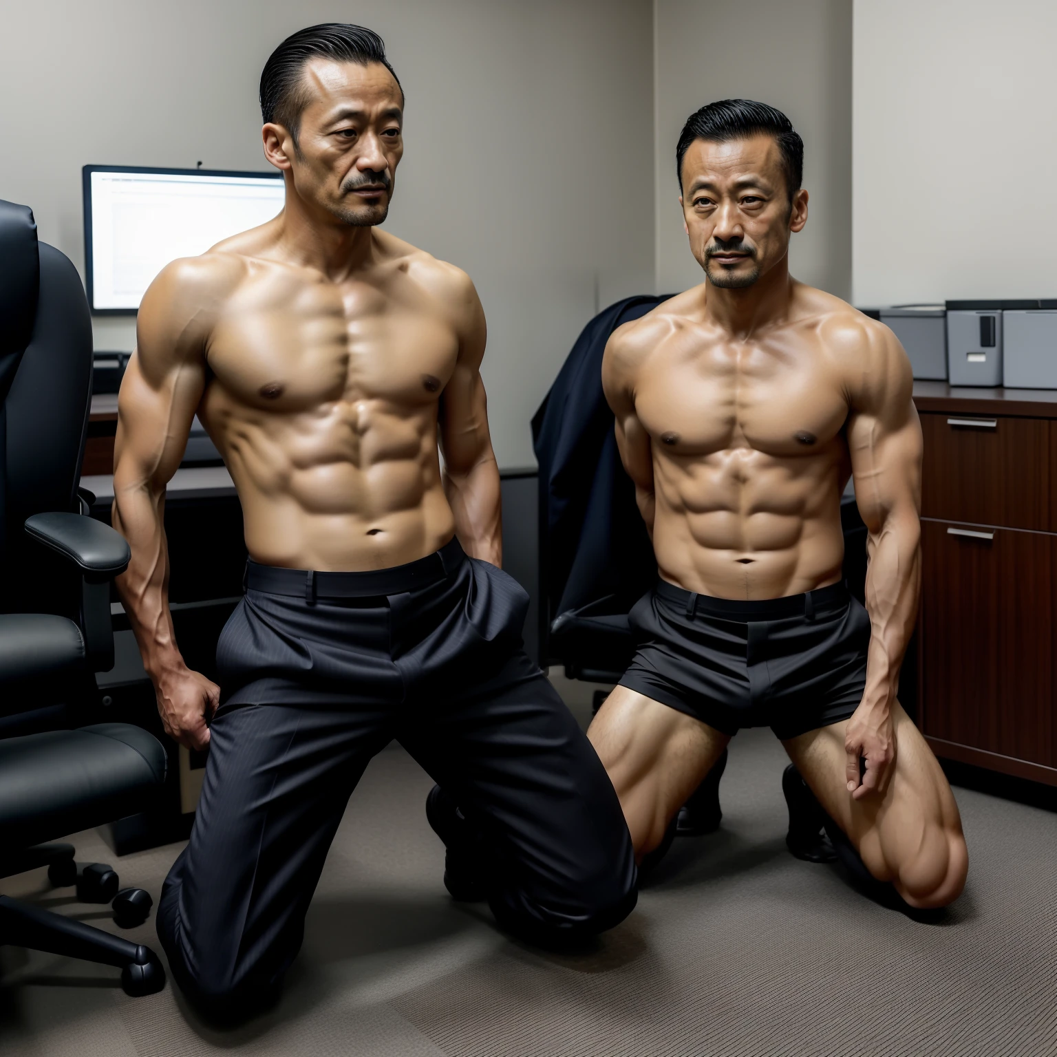 aged 40,Hidetoshi Nakata ,(Kogoro Mouri 1.3),office room,black long socks,little beard,Two muscular men kneel,Shirtless,long leges,Suit pants,