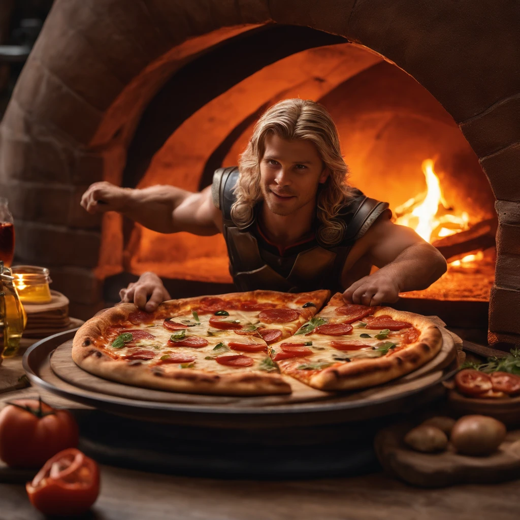Muy gordo Thor come pizza grande, Detalles altos, ultra foto realsisim, realista, 8k