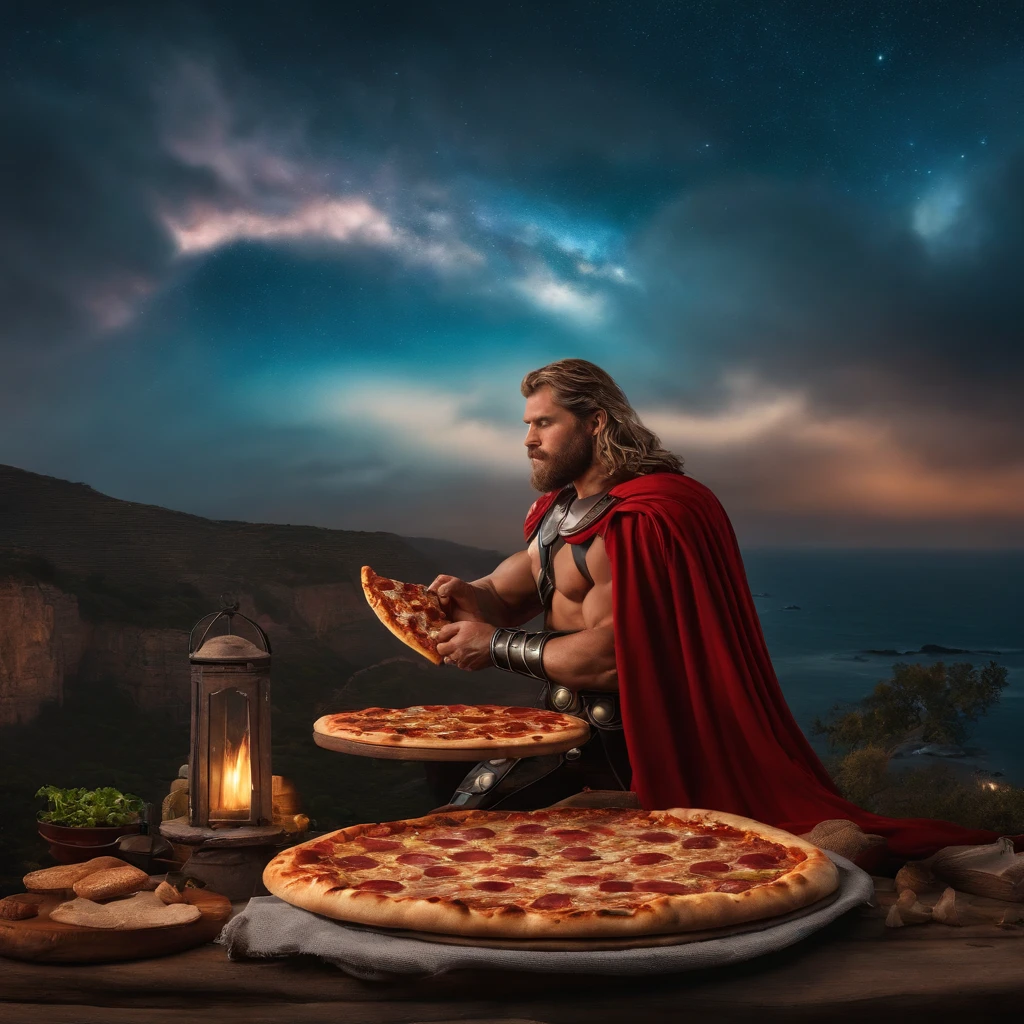 Muy gordo Thor come pizza grande, Detalles altos, ultra foto realsisim, realista, 8k