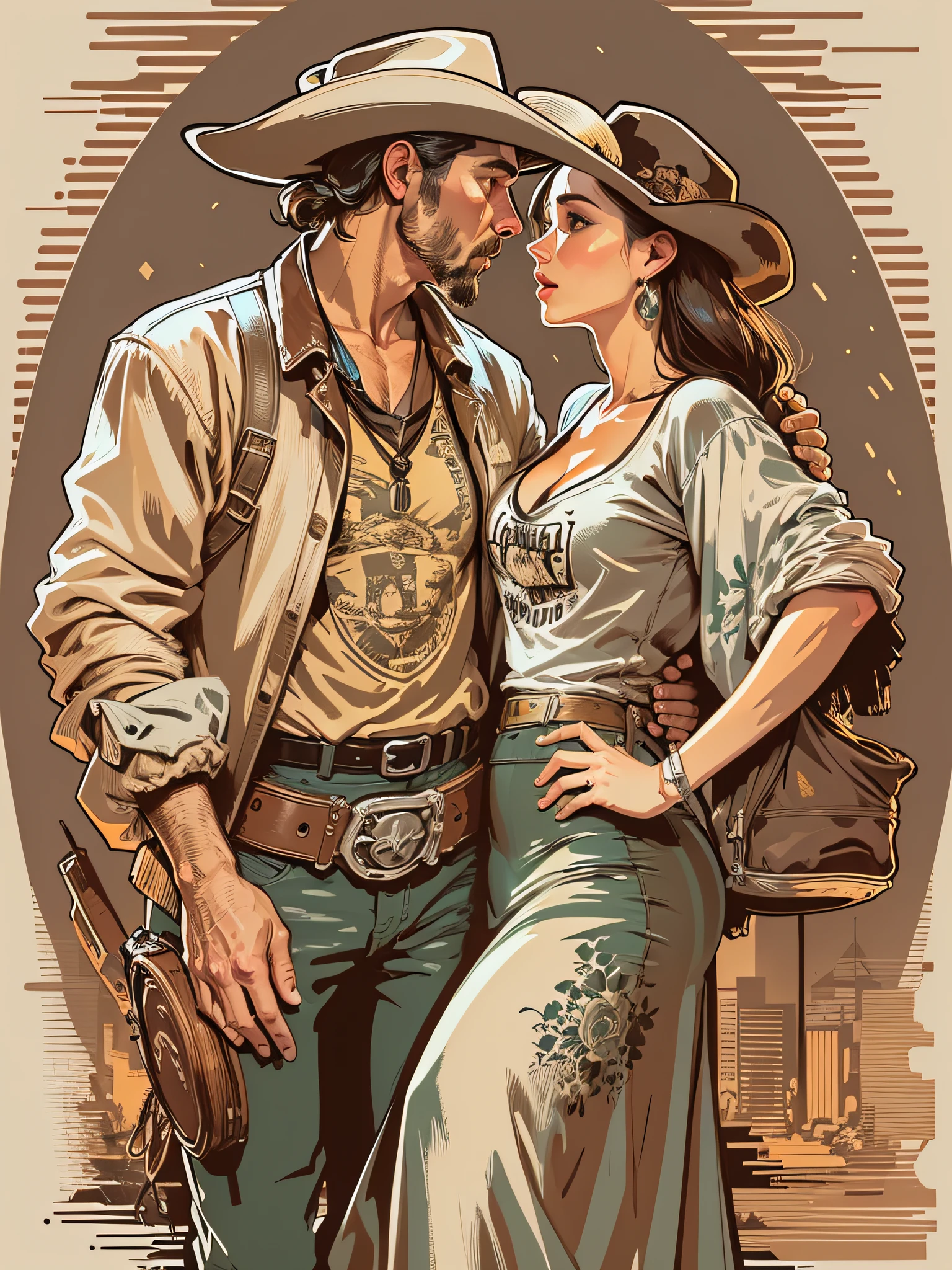 High quality design vector style image, t-shirt print style, graphic art of cowboy with a lady by his side white background realistic colors, american old west scene in salon, vector image.