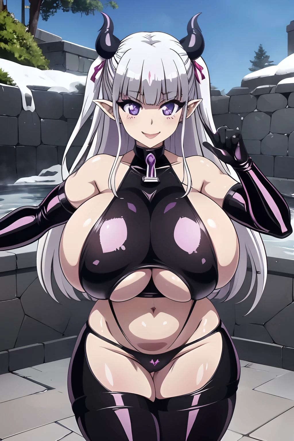 Sister New devil, Maria Naruse, 1 girl, ((bimbo))), long white hair, purple eyes, thick lips, evil smile face, wide hips, thick thighs, enormous round fake breast, huge round Bella bellz ass, shiny skin, black latex top, underboob, hand signs, black gloves, posing, hot spring