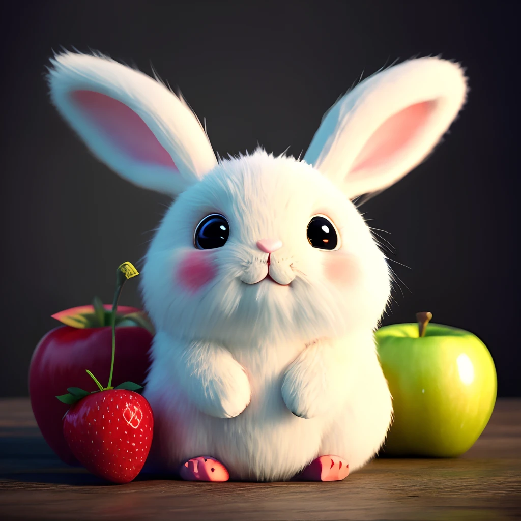 : 3. Rabbit, realistic, hairy, clothed animal, apple, dark circles, blush, cherry, food, fruit, full body, hat, non-human, strawberry, tomato, watermelon