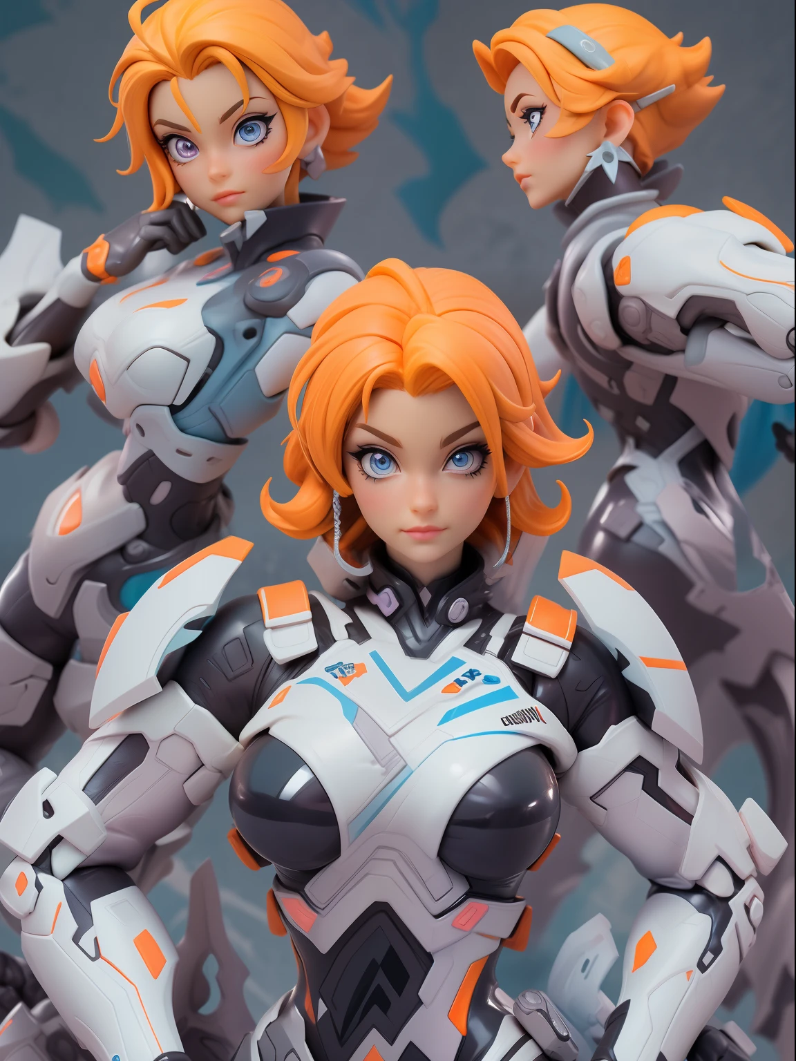 A pop up parade figure of Elsa, melting, 1girl, ((orange SHORT curly hair)), Dark purple cyberpunk latex bodysuit, Beautiful, (master part:1.2), (melhor qualidade:1.2), ((pose de luta)), ((campo de batalha)), cinemactic, olhos perfeitos, pele perfeita, perfect lighting, sorrir, luz, cor, pele texturizada, detalhe, Beleza, maravilha, ultra-detalhado, rosto perfeito