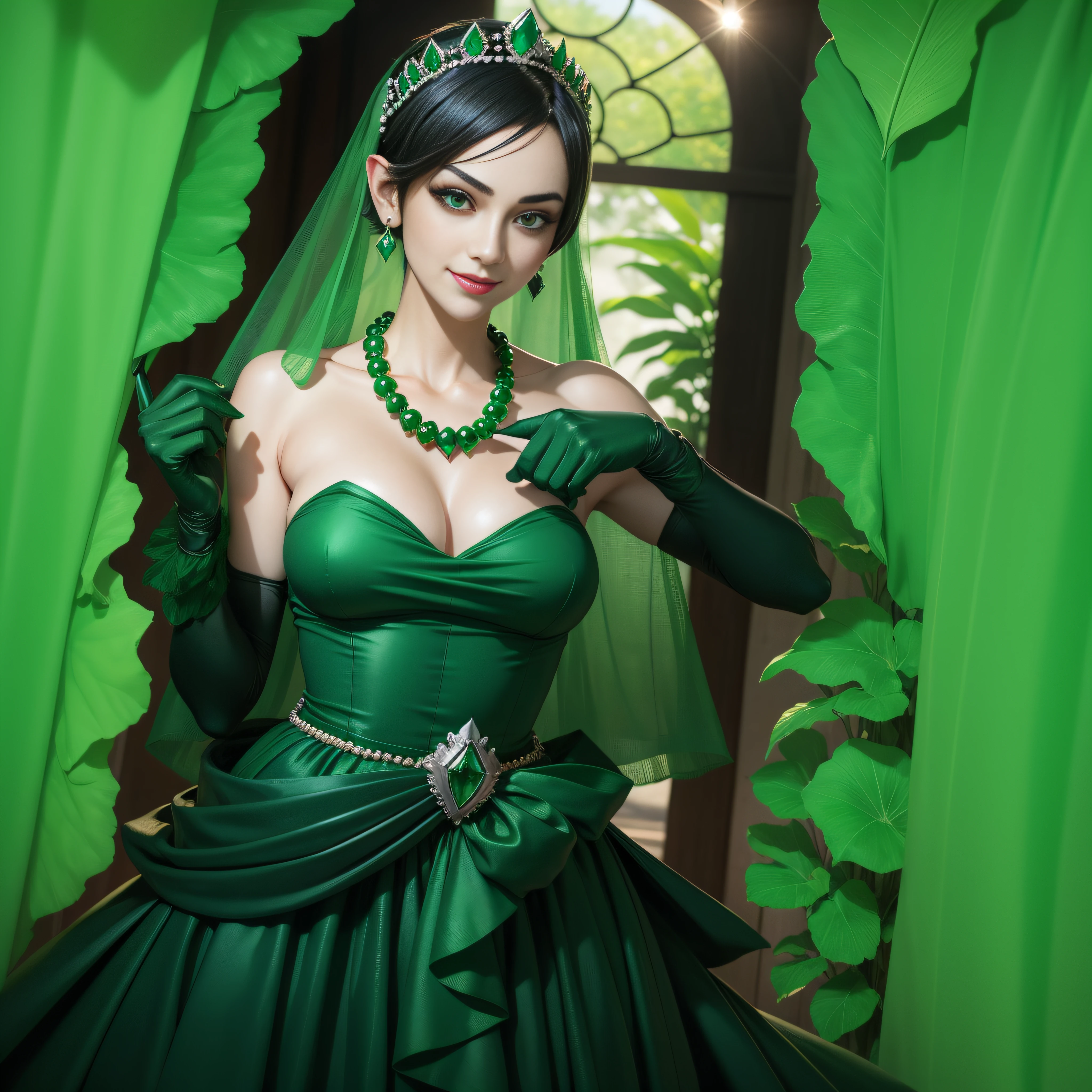 emerald tiara, Green Pearl Necklace, Boyish very short black hair, lipsticks, Japan woman smiling, very short short hair, big breasts beautiful, Green eyes, Long green gloves made of satin material, Green eyes, Emerald Earrings, Green dress