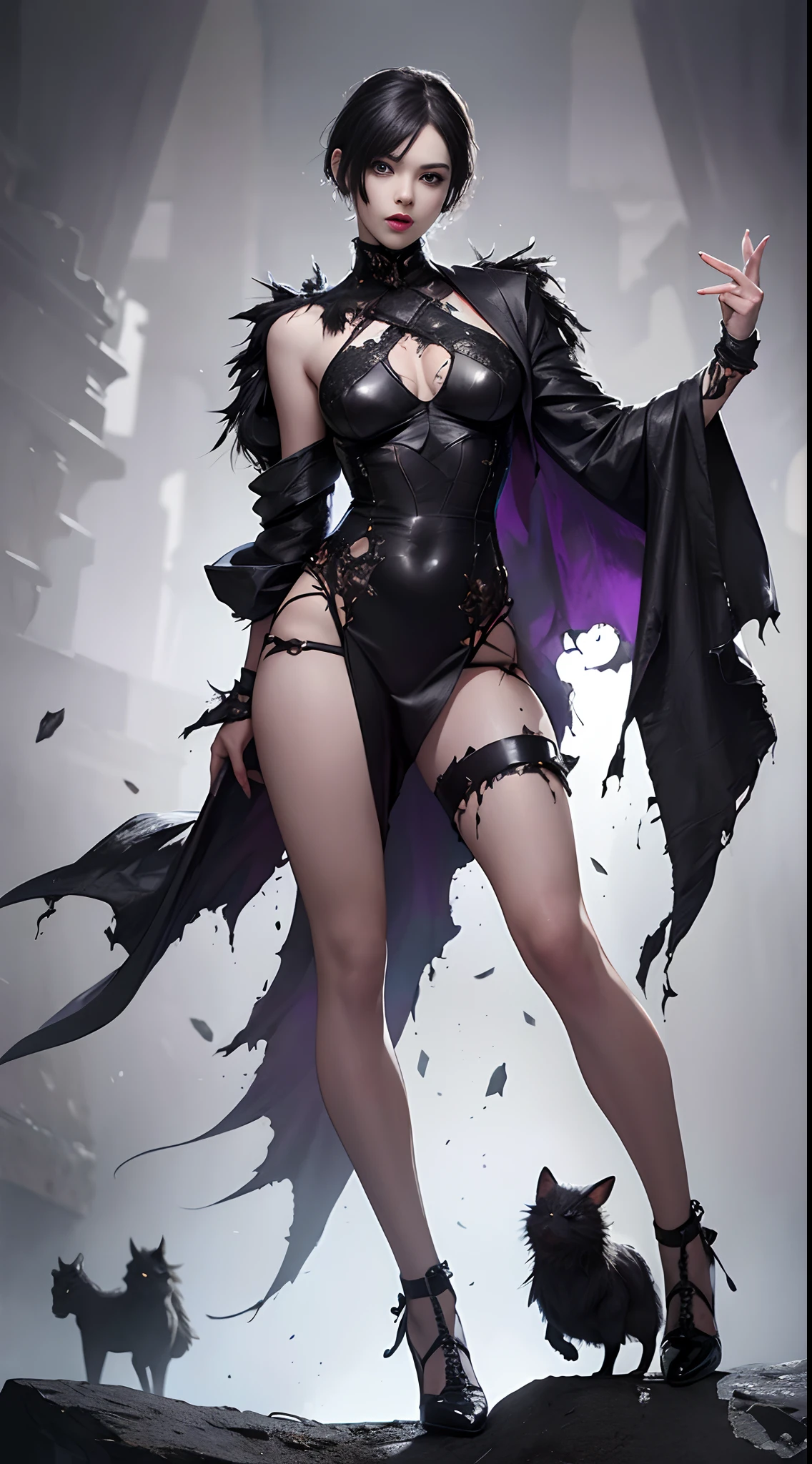 (Best Quality,4K,High resolution), Vampires,(Best Quality,4K,High resolution),Jet black hair on a black body, Body covered with hair all over the body, transform,An abnormal,sharp eye,shining purple eyes,Facial expression enhancement,,Changing the Appearance of a Transform,beast,Beastification,buttle,Delicate illustrations drawn in detail,Realistic skin texture expression,Realistic portrayal,Vibrant colors,expresive,Classic background(Best Quality,4K,High resolution), Comical appearance,(Best Quality,4K,High resolution), 18yo woman, Purple highlights on black hair, Bery short hair, short-haired disheveled hair, Cool Woman,Vampire,Cold eyes ,sharp eye,Intricately decorated ripped clothes,comic strip,animesque,Comical illustration,busy,Deformed cute illustration,Full body projection,Fighting,Halloween,Dark worldview