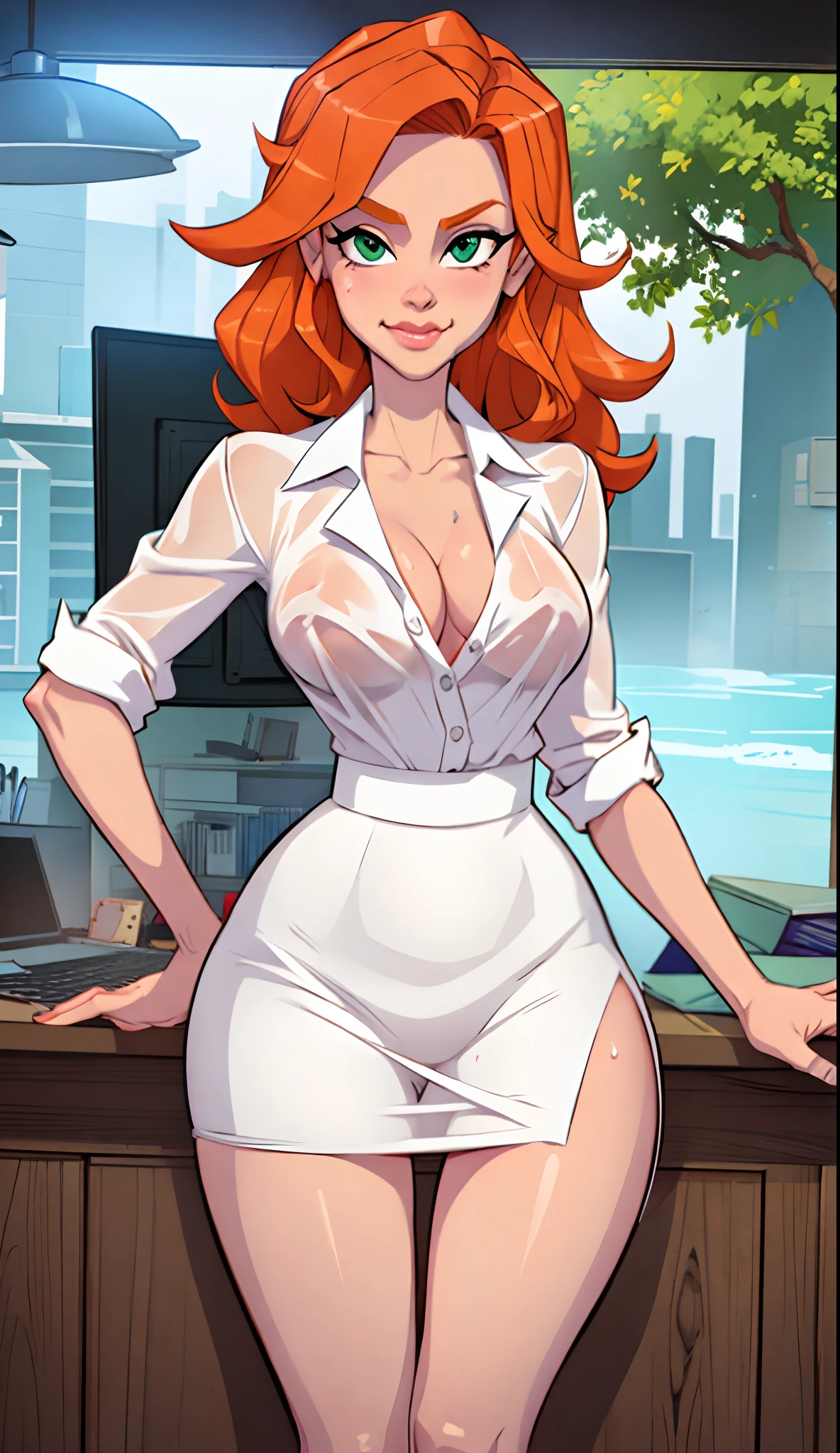 1girl, Best quality, masterpiece, cowboy shot, orange hair, green eyes, tight cloth, office clothes, office, white clothes, wet, facial sperm