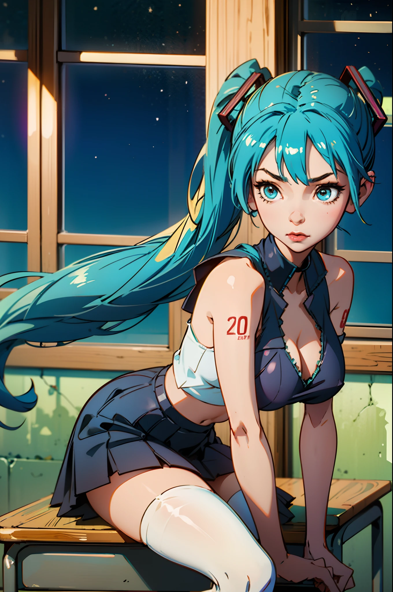 One guy，Big breasts Hatsune Miku，The color hair，‎Classroom，校服，white stockings，the night，The golden ratio of figure，8K，