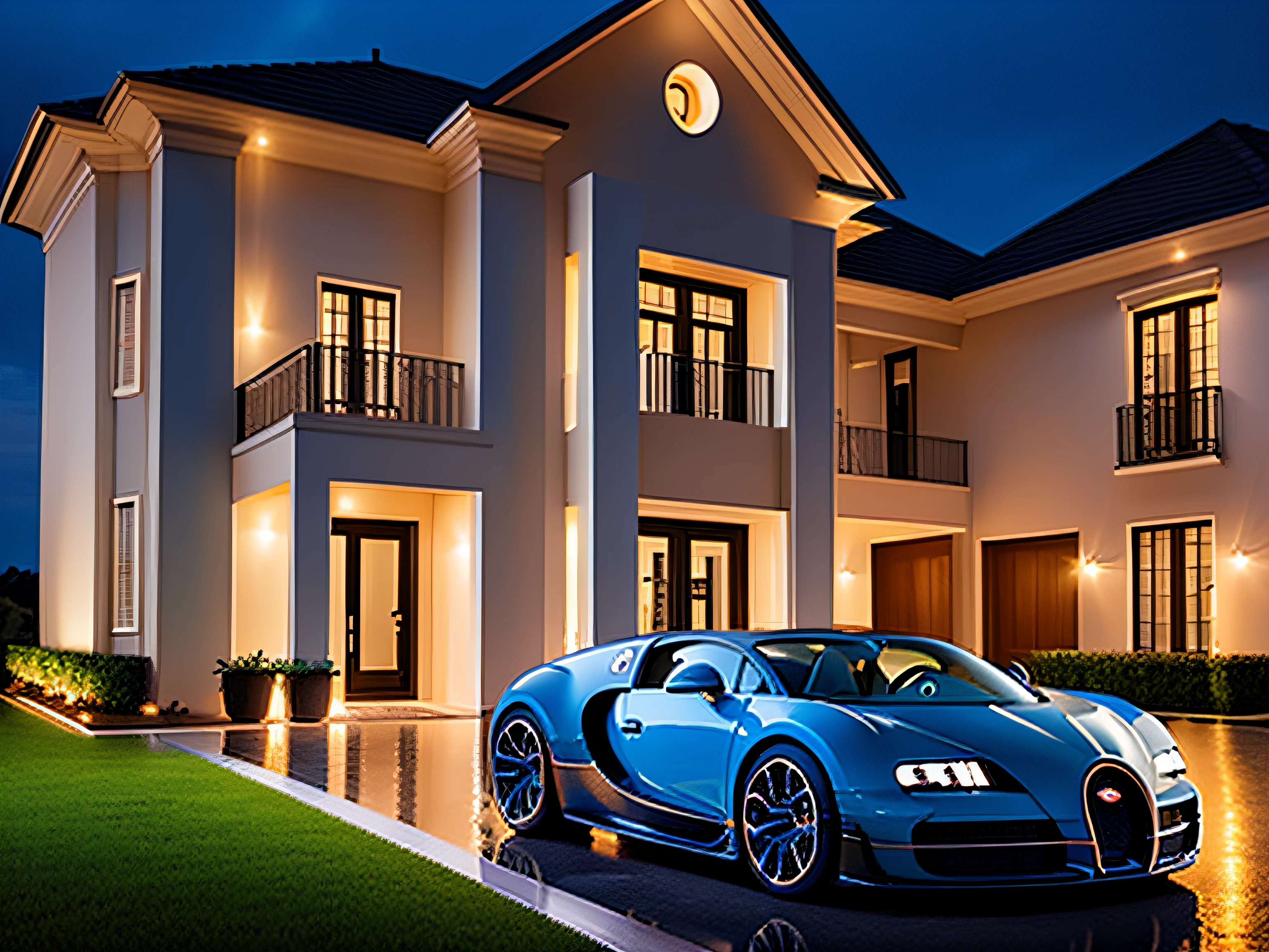 bugatti in a modern mansions driveway at night while its raining