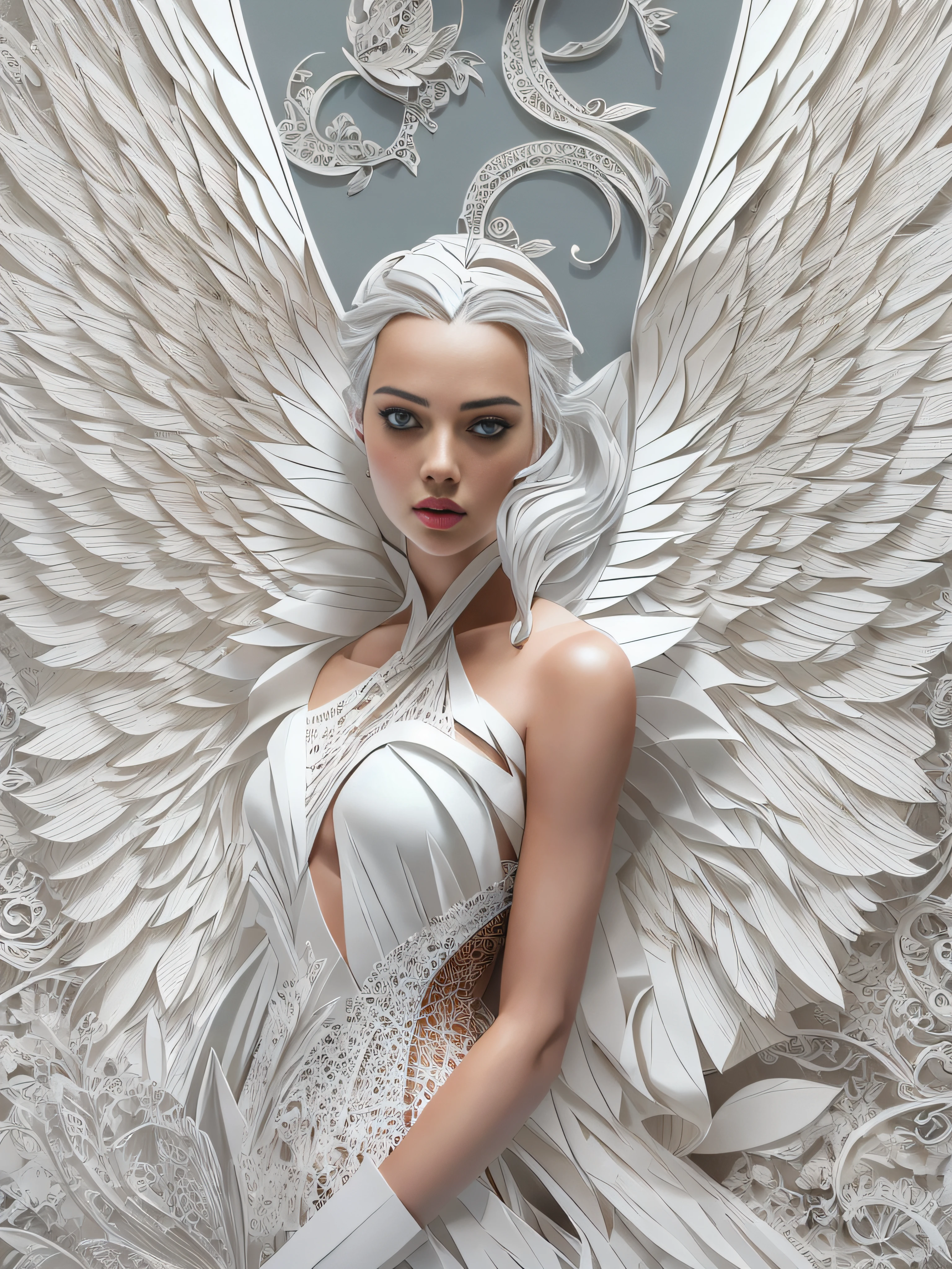 masterpiece，k hd，8K，rendering。(((arte em papel cortado，Flat paper cutout，paper art，layered paper art，paper cut out，Hollow-out on，sculpted)))。（（beautiful angel (Adriana Lima ) ，Beautiful facial features，Redlip，the angel's wings，White）），3D UHD，Complex digital art，, karol bak uhd, intricate beautiful faces, gorgeous digital art, 3 d goddess portrait, beautiful gorgeous digital art, beautiful intricate face, Beautiful digital artwork, beautiful digital art, digital intricate art, stunning digital art, Beautiful art UHD 4 K, intricate wlop, Very Beautiful Digital Art