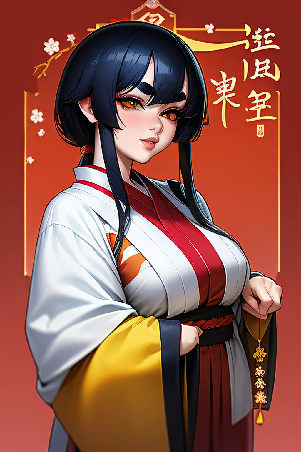 Nengajo: The Japanese New Year's Card,Happy New Year,New Year’s Day, ,shimabara yuuhi,lips gloss,blue black hair,short disheveled bangs,jagged cowlick,long locks,medium hair,thick eyebrows,sharp yellow eyes