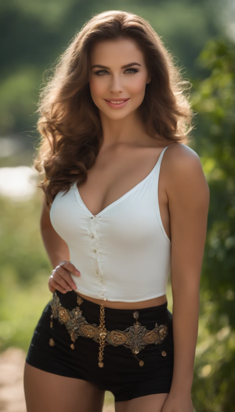 professional, (4k-photo:1.1) By (JeremyLipking:0.3), (Dietman Anna:0.3), (arian mark:0.3), (Sharp focus:1.3), High detail, Wearing (Low-top shirts:1.2), Beautiful detailed face, blueeyes, Long brown hair, (Attractive young woman:1.3), (Seductive:1.1), (Blushing:1.1), Hourglass body type, great circle, Wide buttock, brown goddess, tight costume, tight attire, seductive grin smile, Pretty face, Perfect white haired girl, satisfied pose, cute seductive smile, beautiful brown hair girl, Good young girl, Beautiful angle, Attractive pose, Cute girl, Sexy pose, gorgeous brown, Full body picture, full bodyesbian, full body shot of, Wearing a black skirt and boots