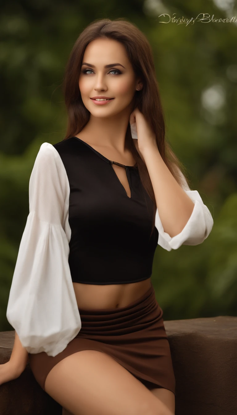 professional, (4k-photo:1.1) By (JeremyLipking:0.3), (Dietman Anna:0.3), (arian mark:0.3), (Sharp focus:1.3), High detail, Wearing (Low-top shirts:1.2), Beautiful detailed face, blueeyes, Long brown hair, (Attractive young woman:1.3), (Seductive:1.1), (Blushing:1.1), Hourglass body type, great circle, Wide buttock, brown goddess, tight costume, tight attire, seductive grin smile, Pretty face, Perfect white haired girl, satisfied pose, cute seductive smile, beautiful brown hair girl, Good young girl, Beautiful angle, Attractive pose, Cute girl, Sexy pose, gorgeous brown, Full body picture, full bodyesbian, full body shot of, Wearing a black skirt and boots