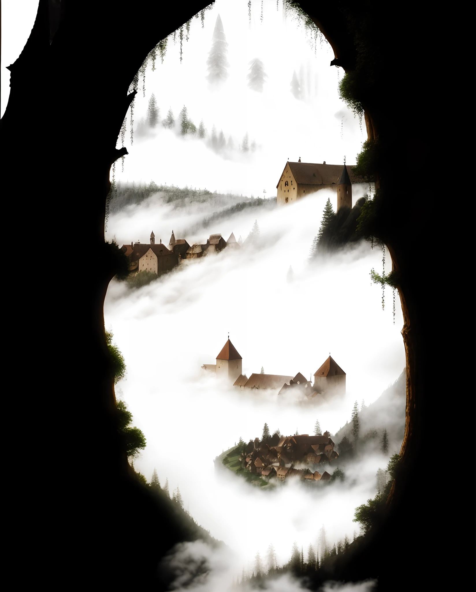 medieval village, forest, fog