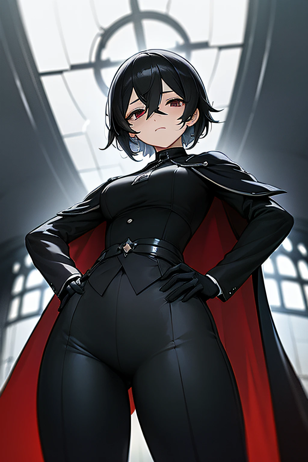 (masterpiece, best quality:1.2), from below, solo, 1girl, ozen, expressionless, closed mouth, looking at viewer, hands on hips, black jacket, cape, black pants, black gloves