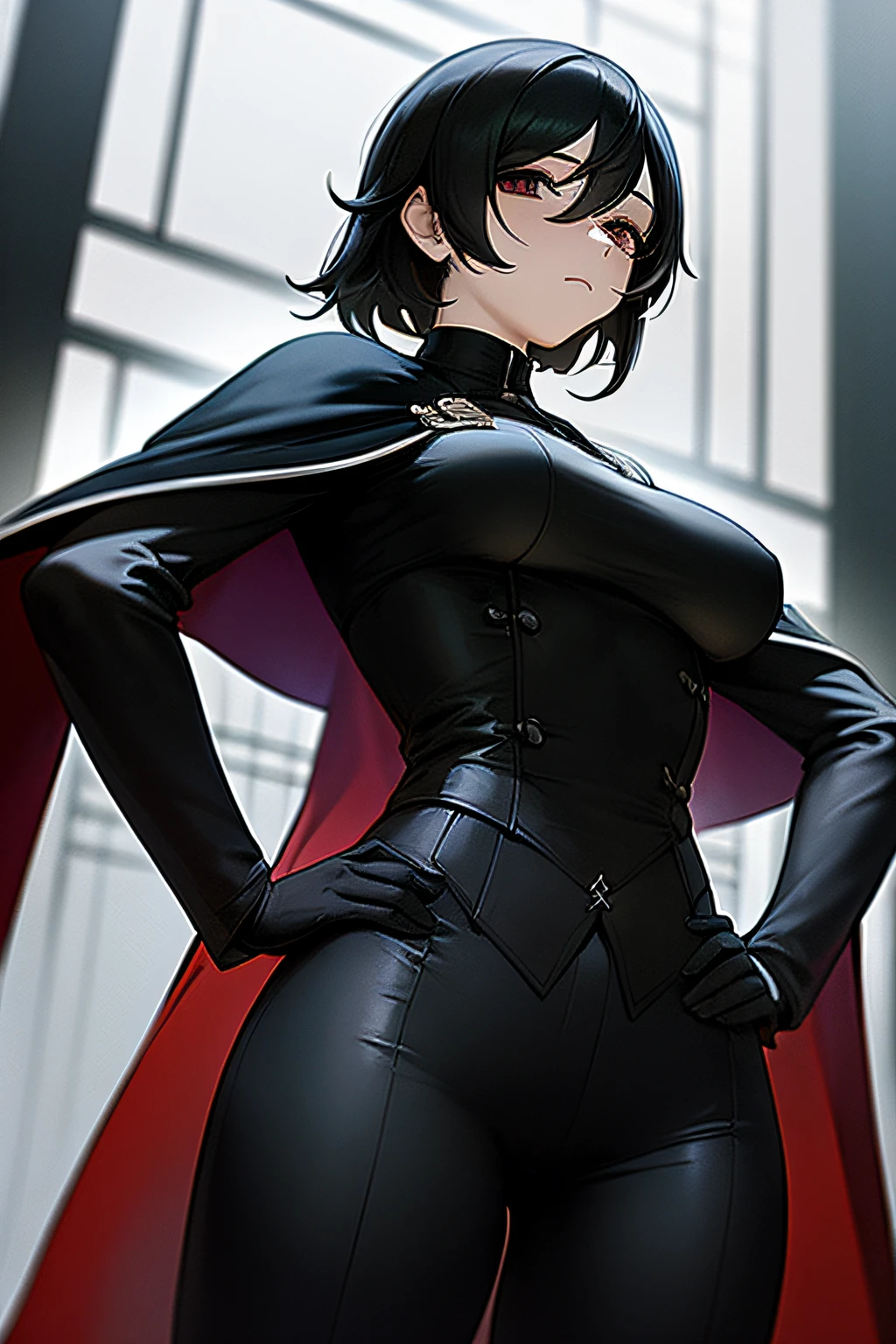 (masterpiece, best quality:1.2), from below, solo, 1girl, ozen, expressionless, closed mouth, looking at viewer, hands on hips, black jacket, cape, black pants, black gloves