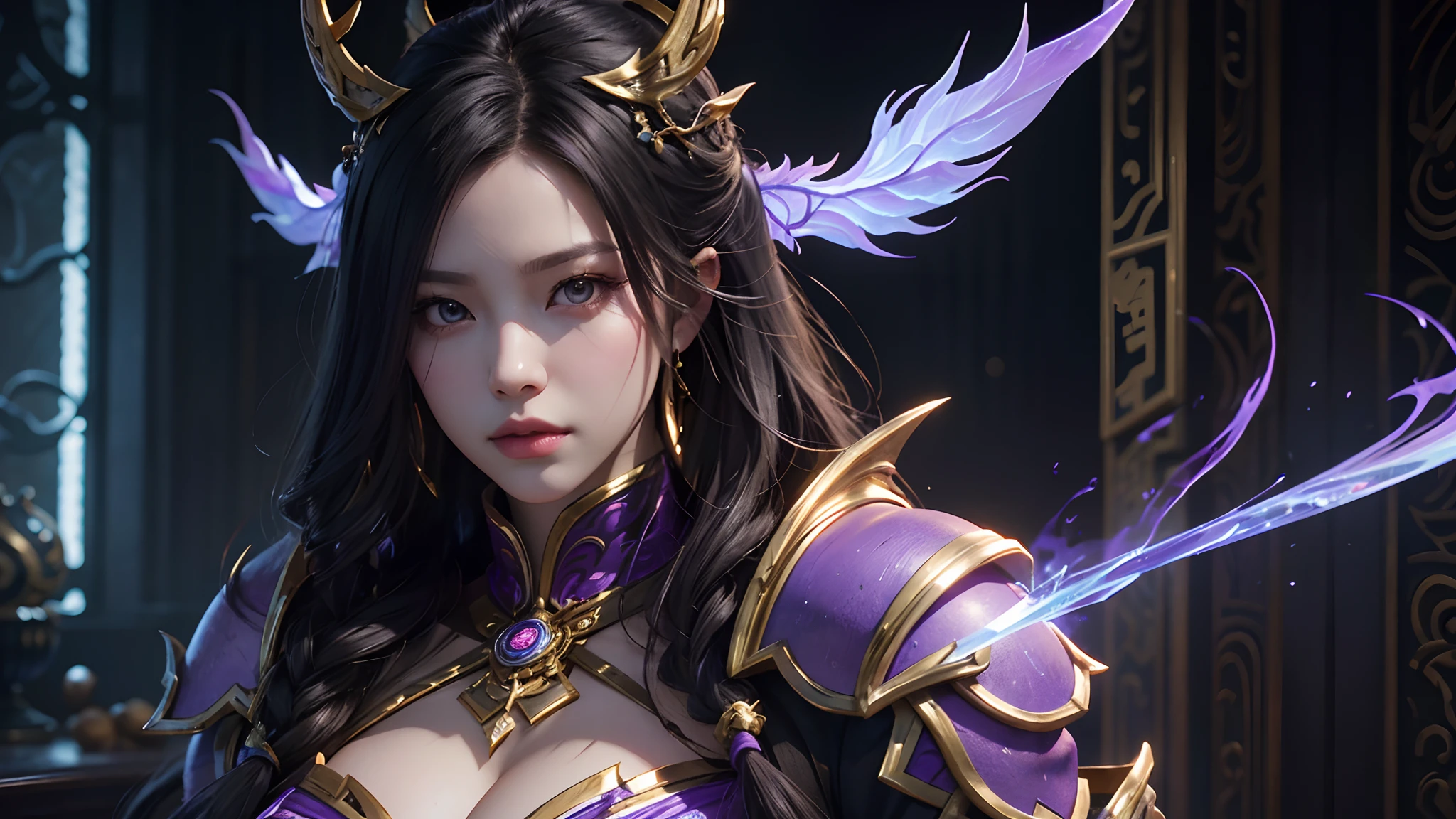 close-up of a woman in a gold and purple dress, chengwei pan on artstation, by Yang J, detailed fantasy art, stunning character art, fanart best artstation, epic and exquisite character art, beautiful armor, extremely detailed art, detailed digital anime art, artgerm on artstation pixiv, girl in armor, sexy pose, perfect tits, atractive girl