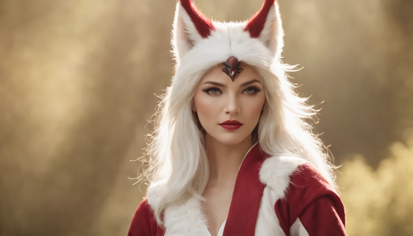 Ahri de League of Legends, corpo todo, perfect hands, cabelos pretos e longos, nine white fox tails at the height of the tailbone, orelhas de raposa pretas, roupa de samurai vermelha, papel de parede, fundo fantasio, fundo em Iona