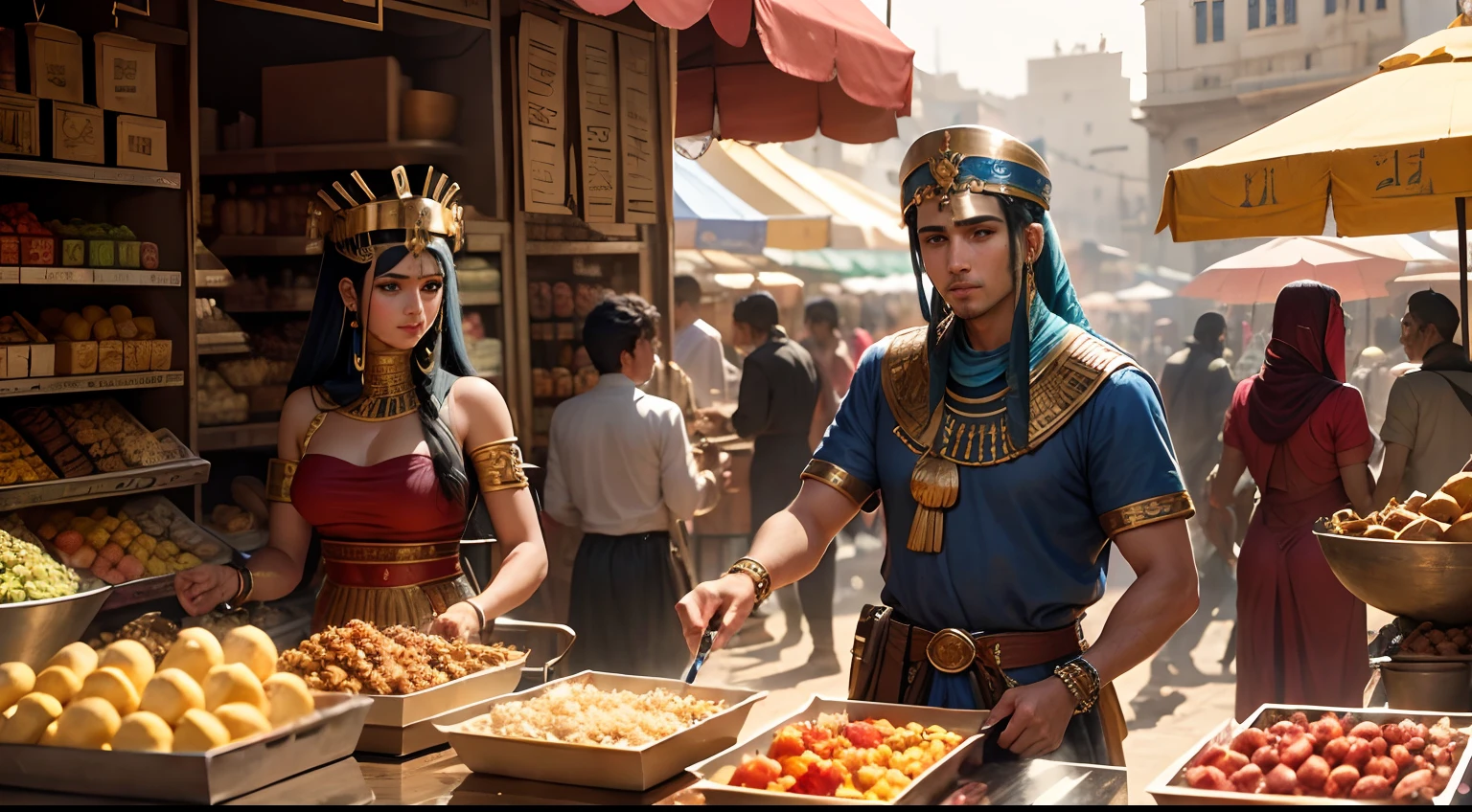 Caesarion, heir to Cleopatra and Mark Antony, amid a busy market in ancient Egypt, vibrant colors, merchants trading