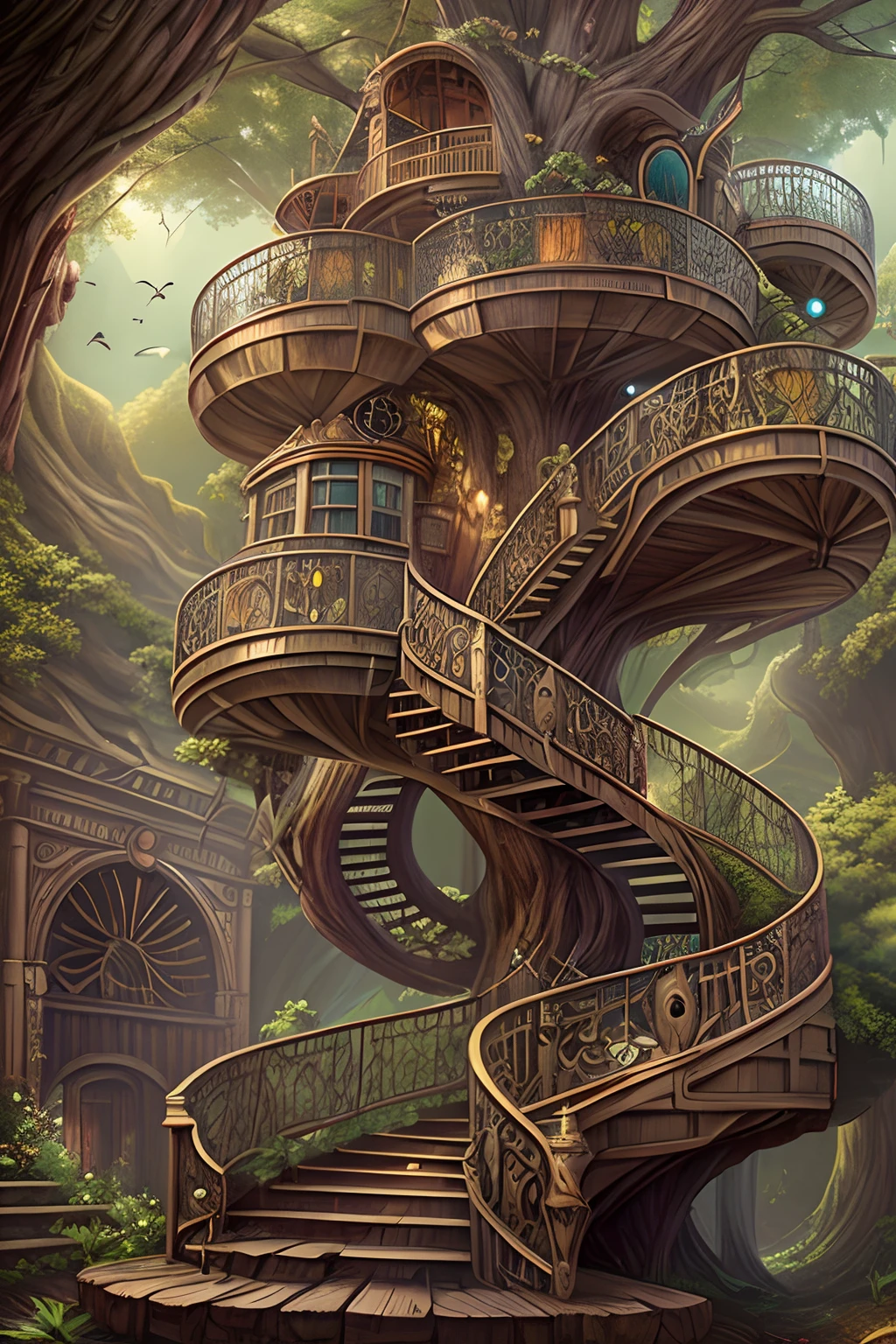 SteampunkAI, Winding Staircase, in a giant tree, at every turn there is a dome for rest, sci-fi, fantasy, surreal photograph, hyperdetailed, high_res