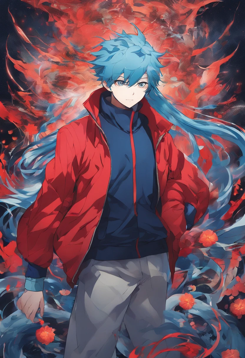 Anime character with blue hair and red jacket with red pants, arms room,corpo inteiro, anime badass 8 k, arte oficial, demon face, An epic one-man anime , 8k!, melhor design de personagem de anime, arte de anime de alta qualidade, digital advanced anime art, arte oficial medieval