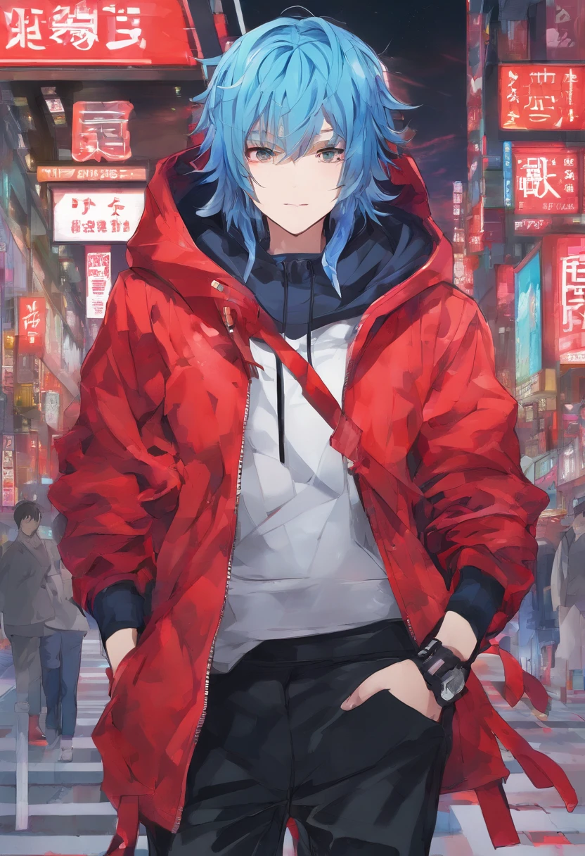 Anime character with blue hair and red jacket with red pants, arms room,corpo inteiro, anime badass 8 k, arte oficial, demon face, An epic one-man anime , 8k!, melhor design de personagem de anime, arte de anime de alta qualidade, digital advanced anime art, arte oficial medieval