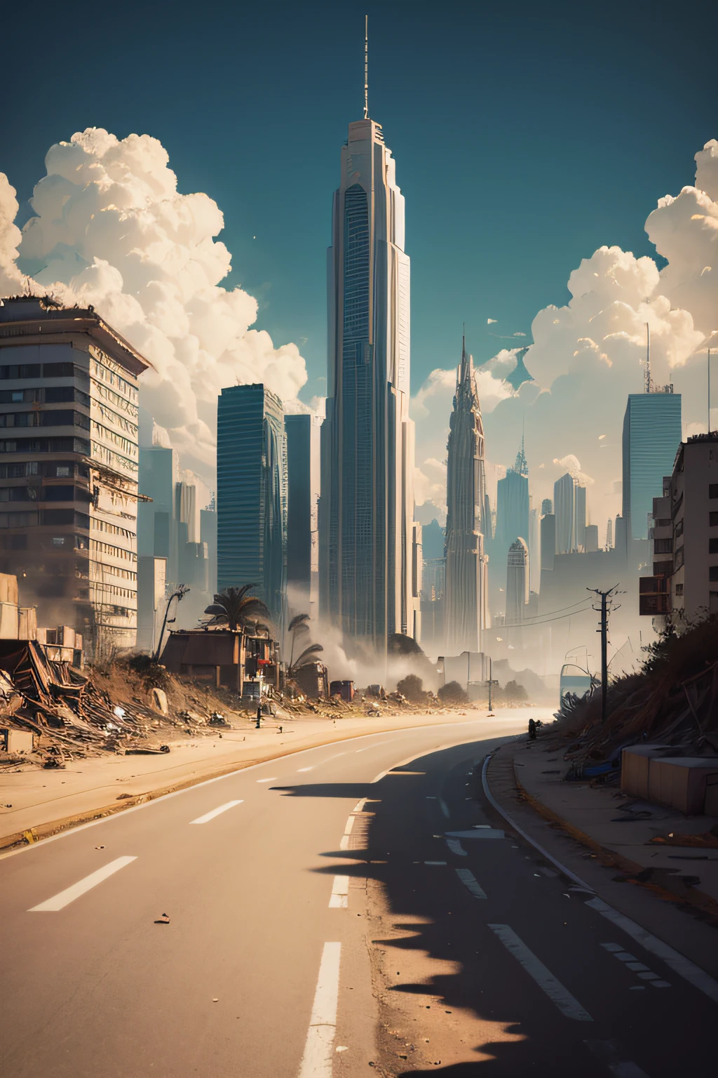 Tiro no meio, (Estilo Cel-shading:1.3), Grupo de astronautas saindo da a nave espacial pousada na rua de uma grande cidade, Imagem centralizada, Ultra-detailed illustration of a ruined 21st century metropolis, Tall buildings destroyed, ruas com carros queimando, election posters strewn across the streets,and wars and much destruction to, (cores tetradicas), Inkpunk, (linhas de tinta:1.1), contornos fortes, Arte por Sead Mead, Bold strokes, Unframed, alto contraste, (cel-sombreado:1.1), vetor, 32k resolution, melhor qualidade, cores planas, Luzes planas