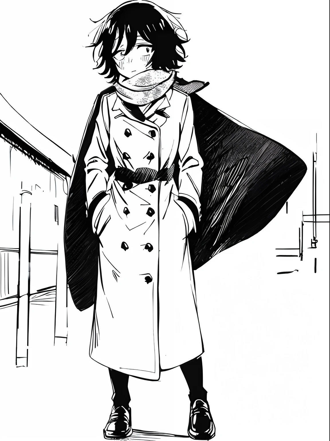 art of Akira Asai, scarf, coat, black and white, (sketch), (monochrome), ((white background)), ((blank background)), ((manga style)), manga, dark hair, medium hair, Call of the Night, (1girl), raw sketch, small pupils, thick lines, windy, (pencil sketch), full body, far away shot