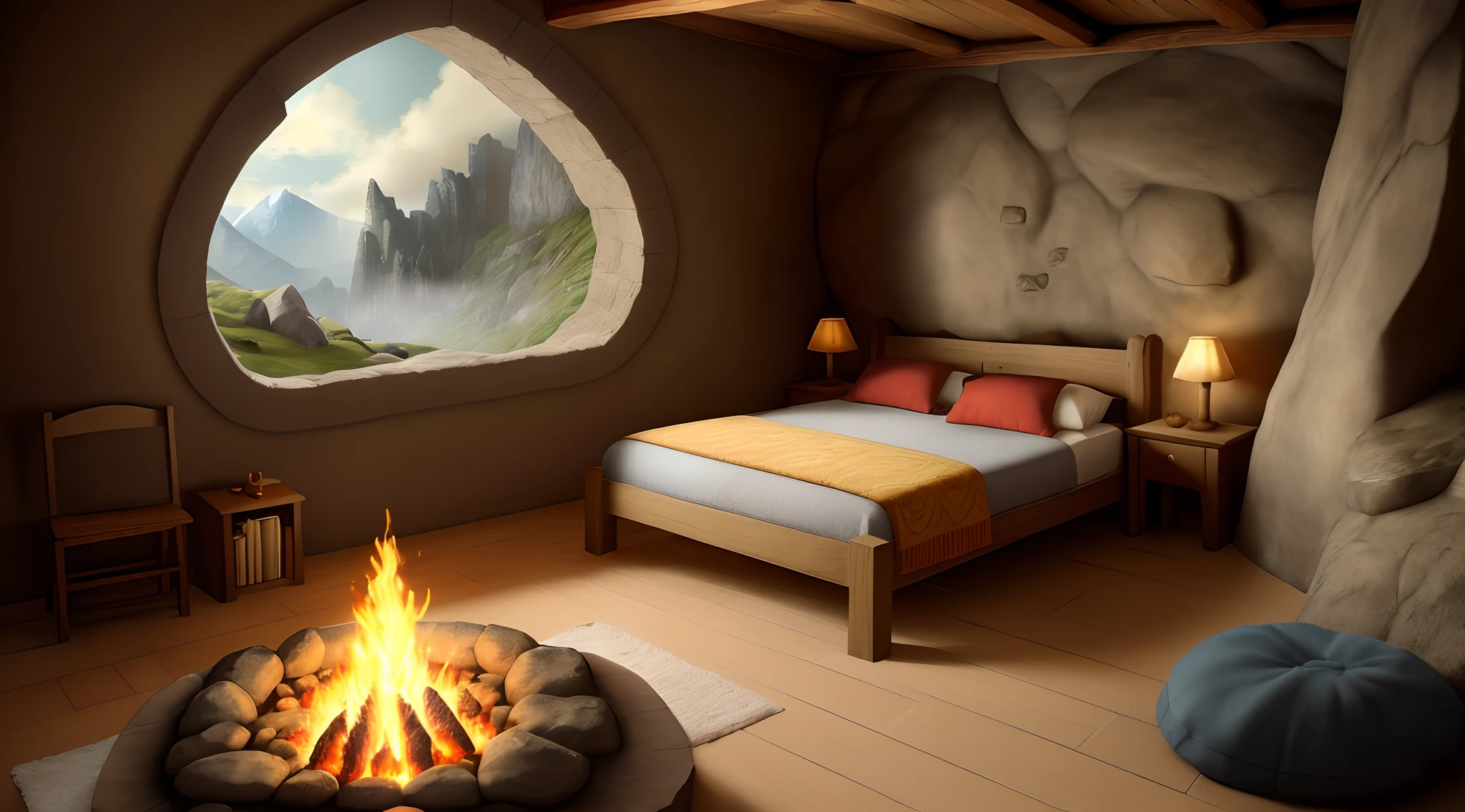 Hobbit bedroom with big blazing fire in a rock on the left with spell casting corner