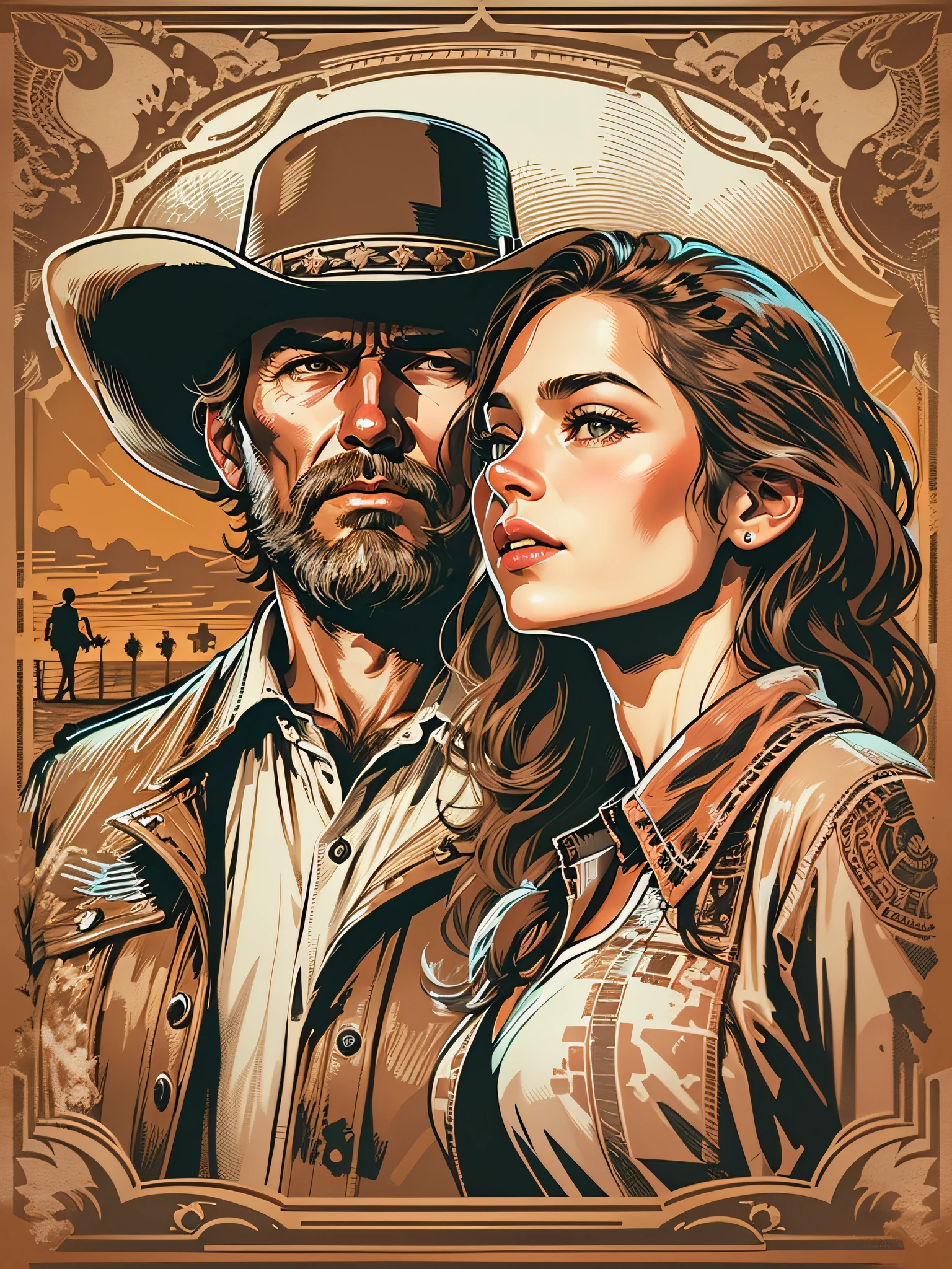 High quality design vector style image, t-shirt print style, graphic art of cowboy with a lady by his side white background realistic colors, american old west scene in salon, vector image.