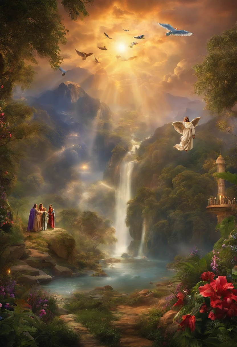 celestial kingdom with flying angels and fellowship in paradise, where the redeemed enjoy the presence of God after repentance