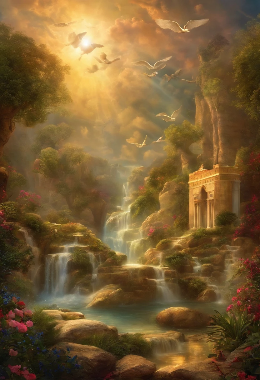 celestial kingdom with flying angels and fellowship in paradise, where the redeemed enjoy the presence of God after repentance