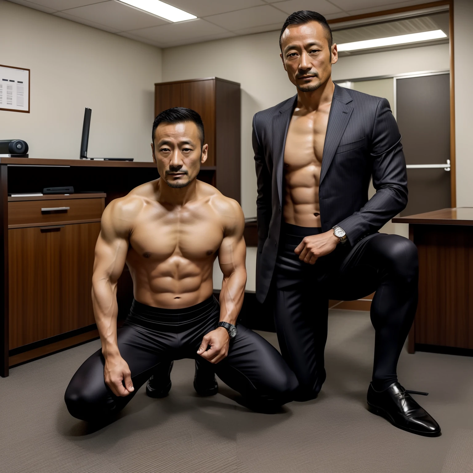 aged 40,Hidetoshi Nakata ,(Kogoro Mouri 1.3),office room,black long socks,little beard,Two muscular men kneel,Shirtless,long leges,Sexy leggings,