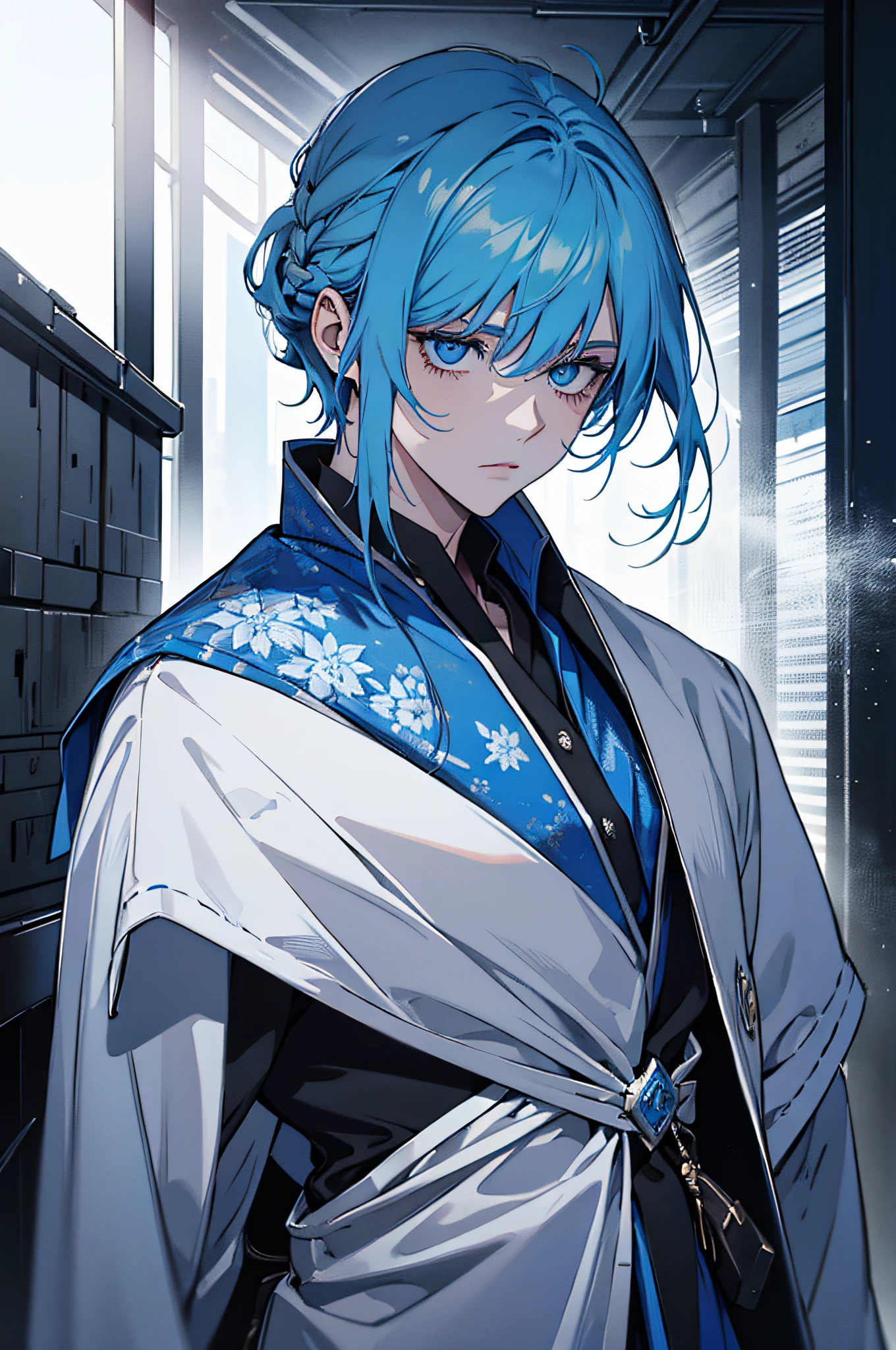 Blau-lila Stil, Ich schaue dich an, Gute Augen, Unordentliches Haar, Gebrochenes Haar, Lange Haare, Ritterlichkeit, Very nice digital cyberpunk artwork, male focus, stattlich, Heldenhaft und frech, Handsome man, He wears a blue and white kimono, langes Schwert auf der Schulter, Ritterlicher Stil, Hochwertige Detaildarstellung, verschwommener Hintergrund und weiches Licht setzen sich ab, Shooting on the middle side, Mittlere Seitenperspektive, Musterdekorationen und Accessoires, Gebrochene Blumen und fliegende Blumen, Dichter Nebel umgeben, Light and shadow changes extremely exquisite. 4k-Hintergrundbild im Anime-Stil.