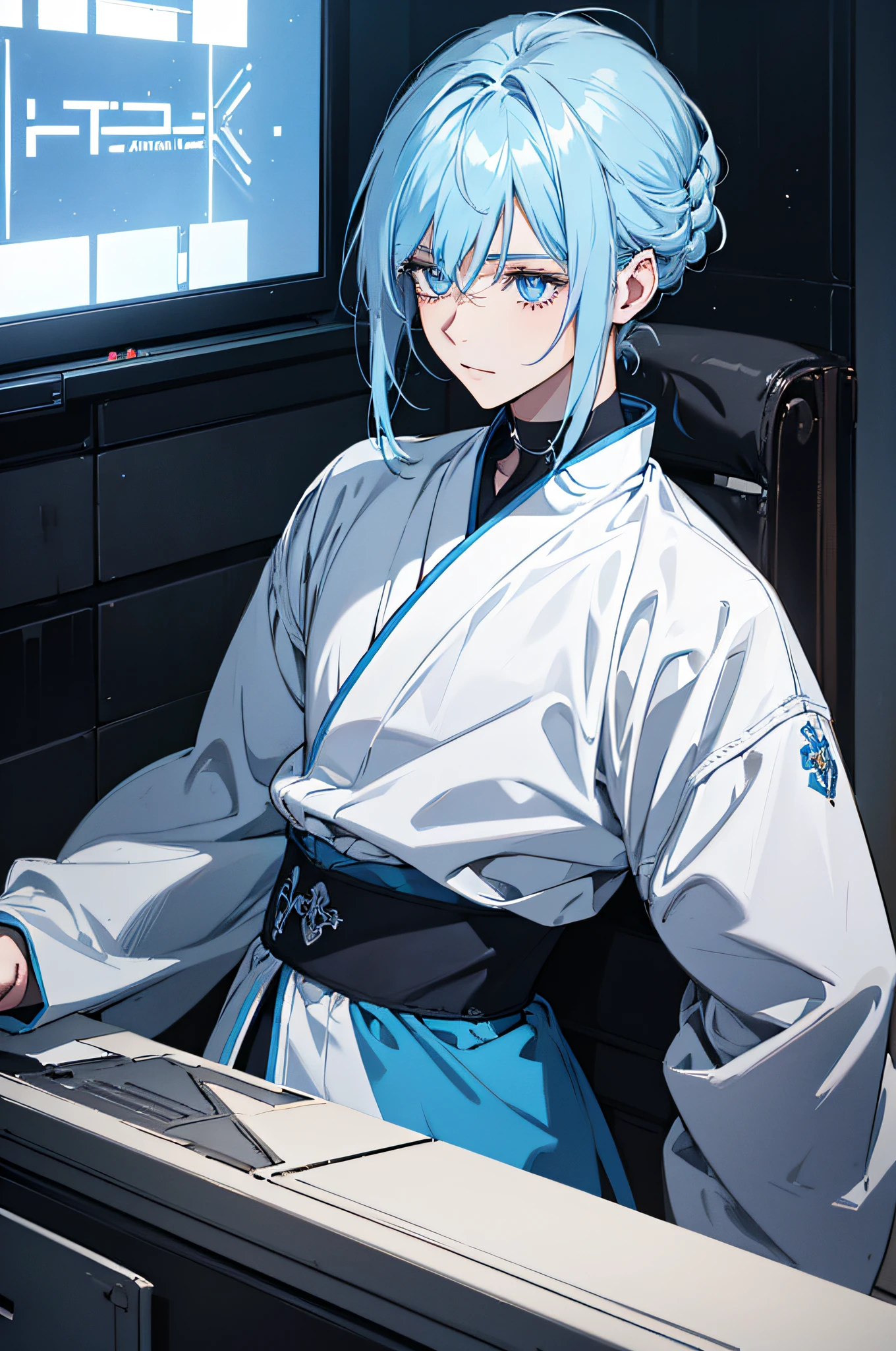 Blau-lila Stil, Ich schaue dich an, Gute Augen, Unordentliches Haar, Gebrochenes Haar, Lange Haare, Ritterlichkeit, Very nice digital cyberpunk artwork, male focus, stattlich, Heldenhaft und frech, Handsome man, He wears a blue and white kimono, langes Schwert auf der Schulter, Ritterlicher Stil, Hochwertige Detaildarstellung, verschwommener Hintergrund und weiches Licht setzen sich ab, Shooting on the middle side, Mittlere Seitenperspektive, Musterdekorationen und Accessoires, Gebrochene Blumen und fliegende Blumen, Dichter Nebel umgeben, Light and shadow changes extremely exquisite. 4k-Hintergrundbild im Anime-Stil.
